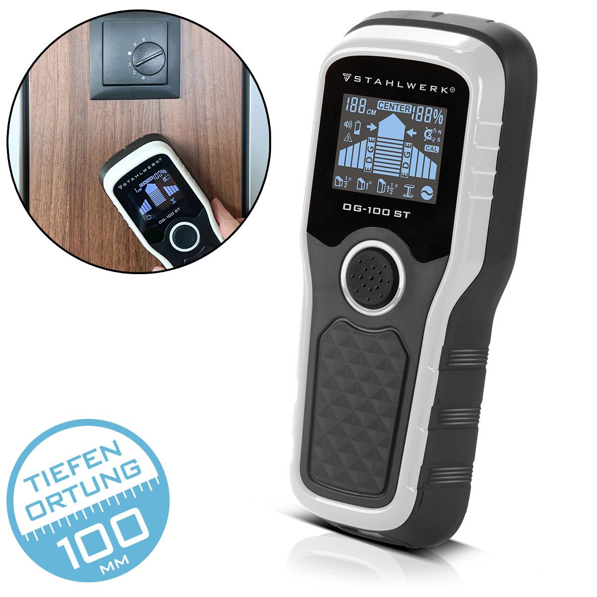 STAHLWERK Elektro-Multifunktionswerkzeug Ortungsgerät OG-100 ST Wandscanner, Metalldetektor, Leitungssucher, 9 V, Set, Einzelartikel, übersichtliches LCD-Display