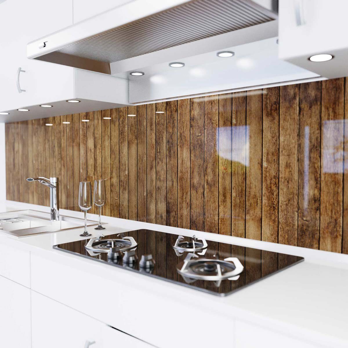 danario Küchenrückwand selbstklebend - - PET - Spritzschutz Glasoptik Folie Küche versteifte Holzlatten