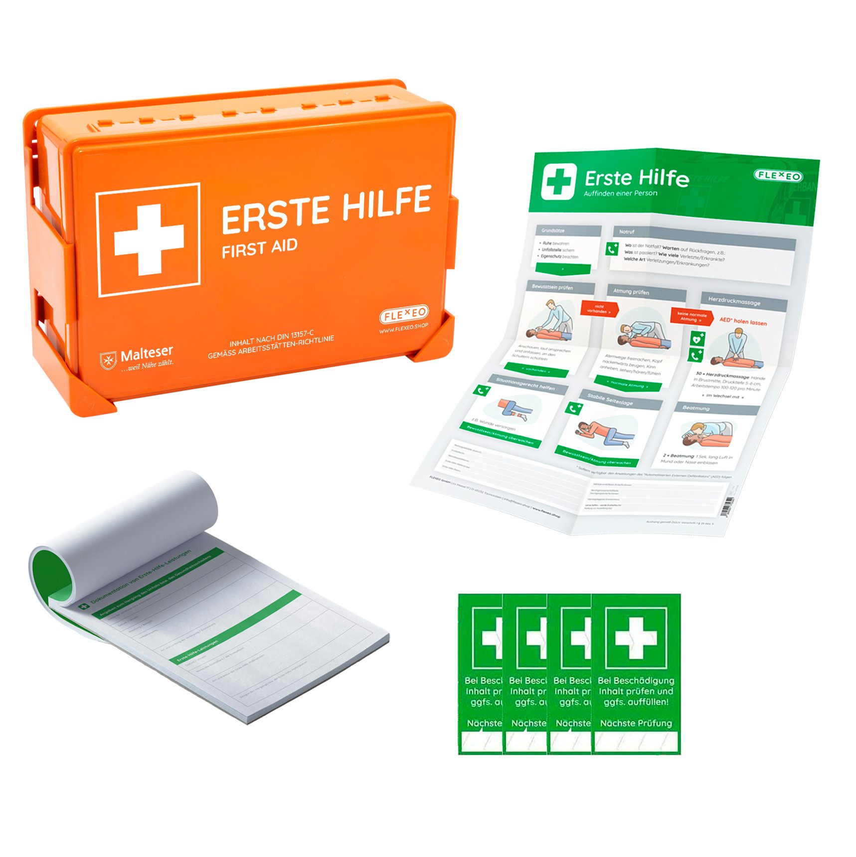 FLEXEO Erste-Hilfe-Koffer DIN 13157, (1 St), Betriebsverbandkasten inkl. Wandhalterung Komplettpaket Basic Plus