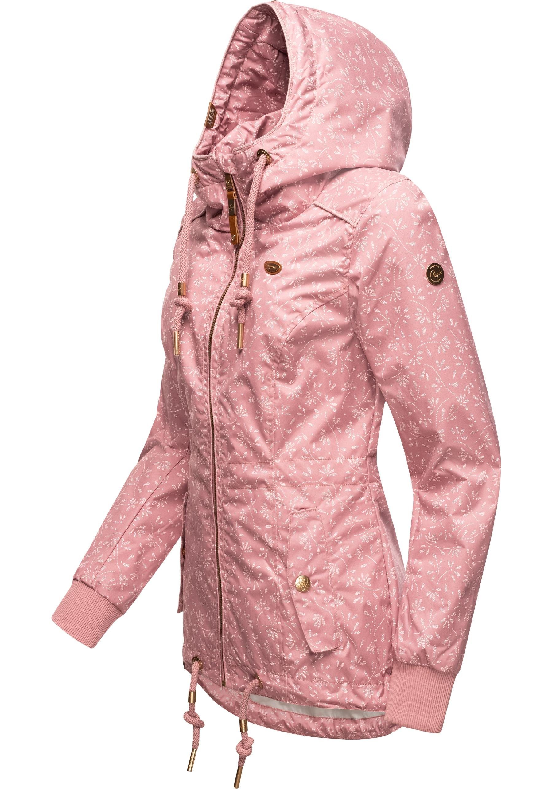 Ragwear Outdoorjacke Danka stylische altrosa und Print mit Übergangsjacke Bloom Kapuze