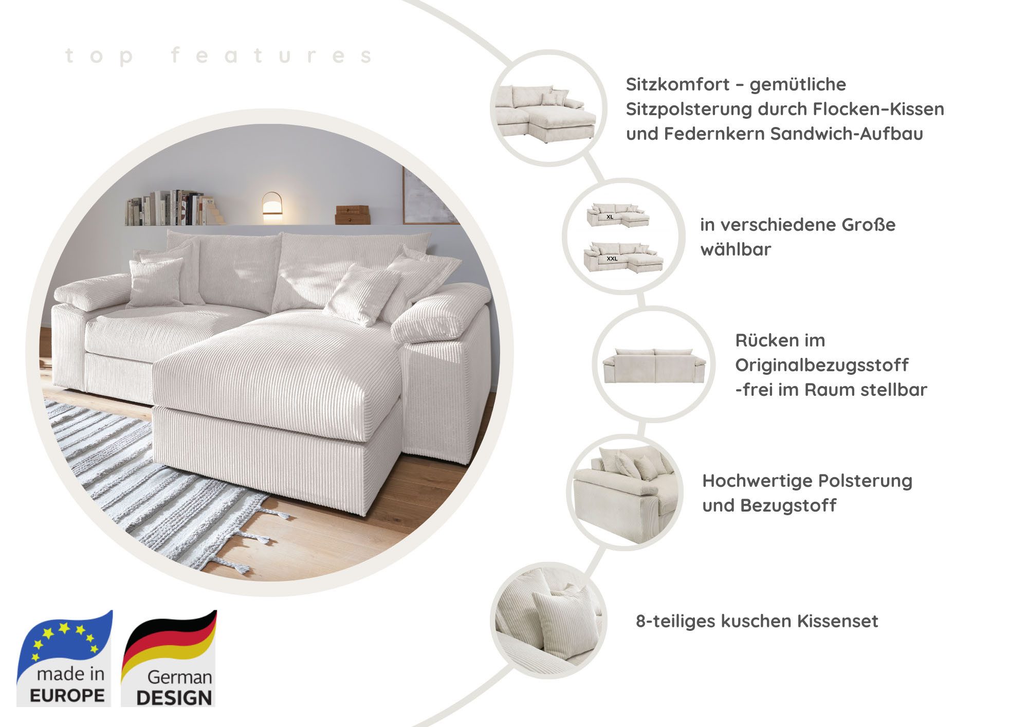 OTTO home Ecksofa Soft&Cosy XXL L-Form, B: 303 cm - OTTO. Verlässliche Qualität., Mega-Sofa, Cord oder Chenille-Struktur, mit Federkern & 4 Zierkissen – Bild 3 von 5