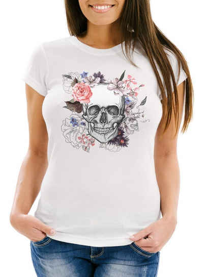 Neverless Print-Shirt Damen T-Shirt Totenkopf Blumen Flower Skull Boho Schädel Slim Fit Neverless® mit Print