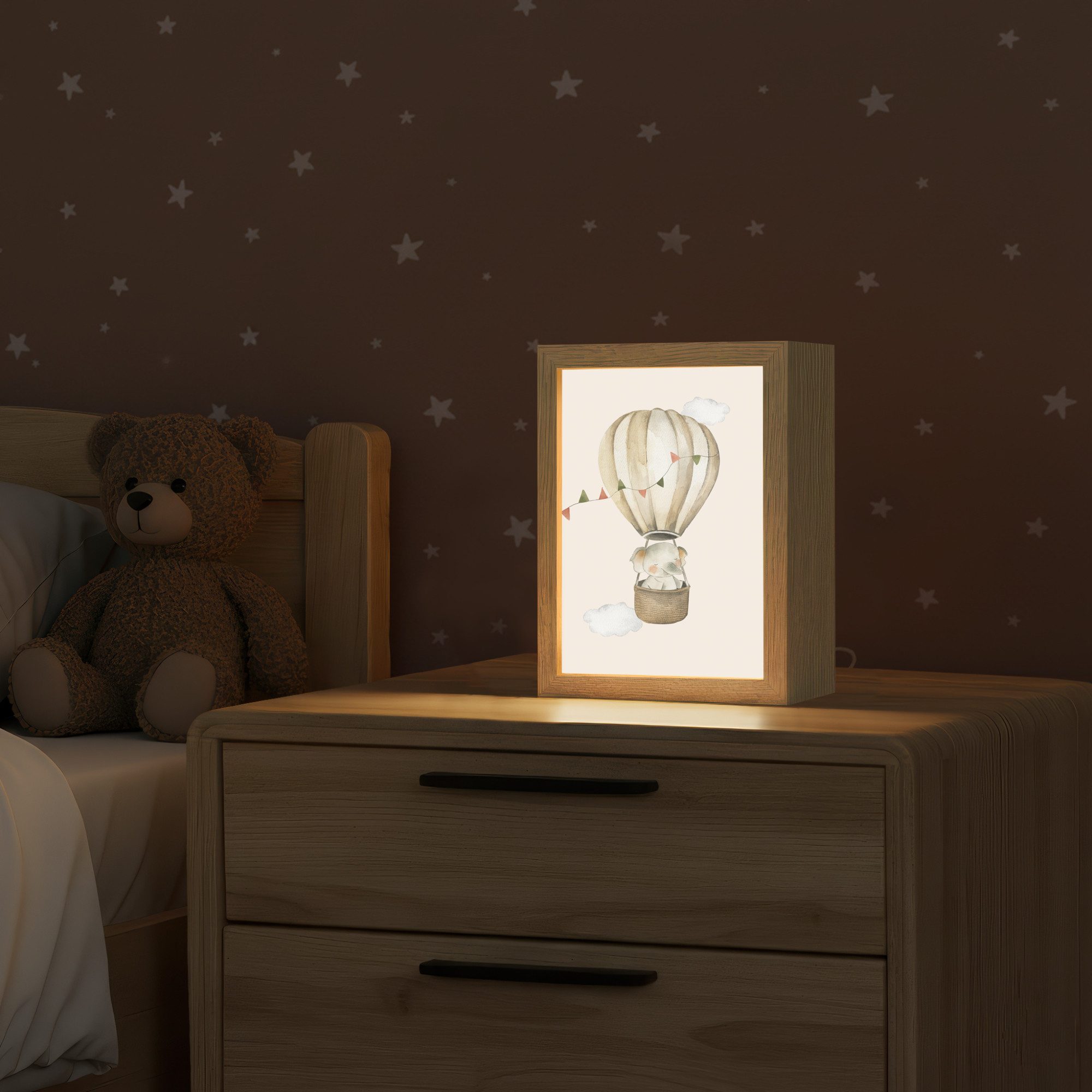 OnlyWow Nachttischlampe Lightbox Heißluftballon - Elefant - Aquarell - Beige - Tiere - Mädchen, Dimmbar, Farbwechsel, LED, Warmweiß, Kaltweiß, Neutralweiß Einstellbar, Kinderzimmer, Babyzimmer, Dimmbar, mit Kabel, Nachtlampe, LED