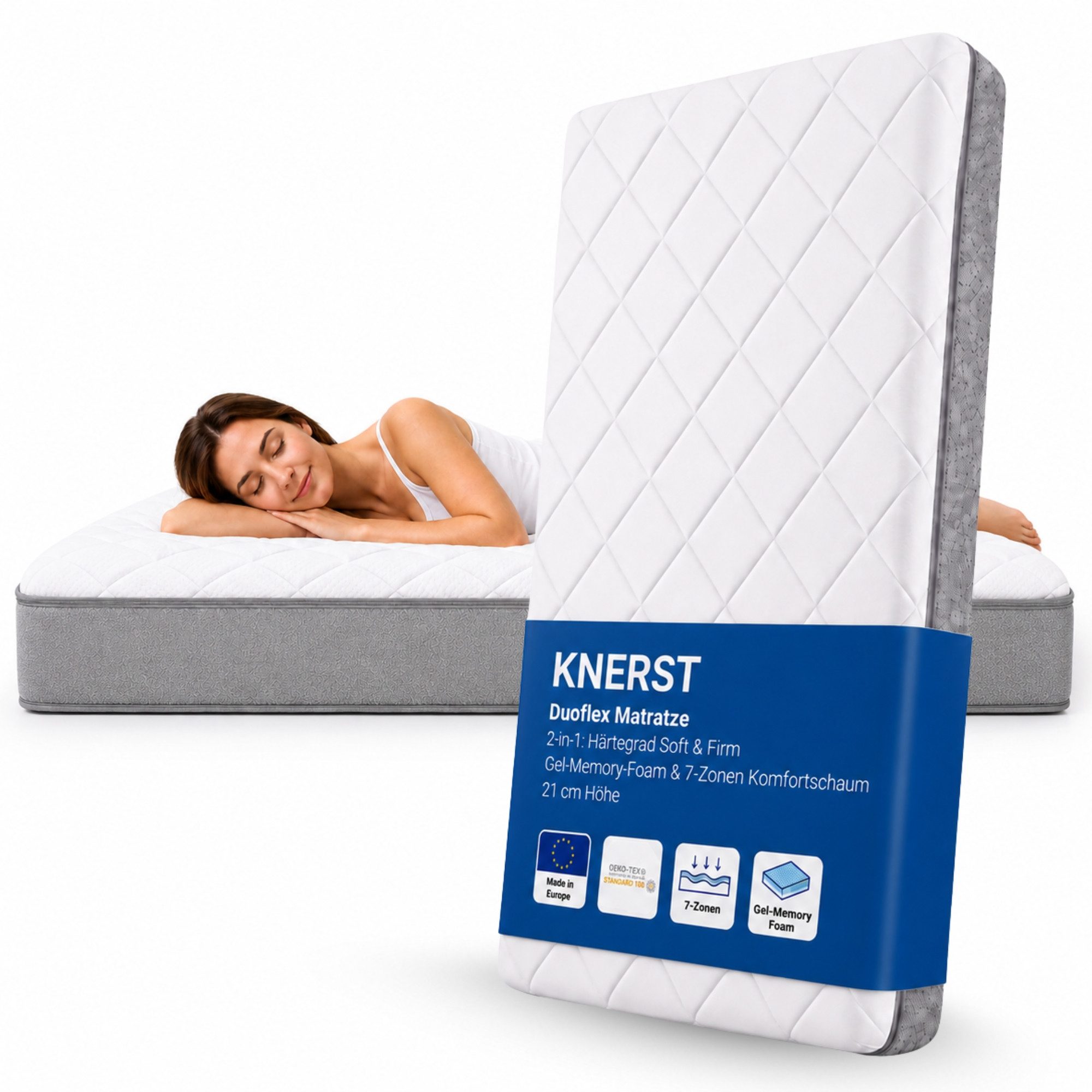 Hybridschaum-Matratze mit Rundum-Reißverschluss komplett abnehmbar Hygienisch waschbar 60 °C, KNERST, 21 cm hoch, 7 Zonen, 90x200cm, Gel-Memory Foam, 2 Härtegrade, 2-in-1-Aufbau