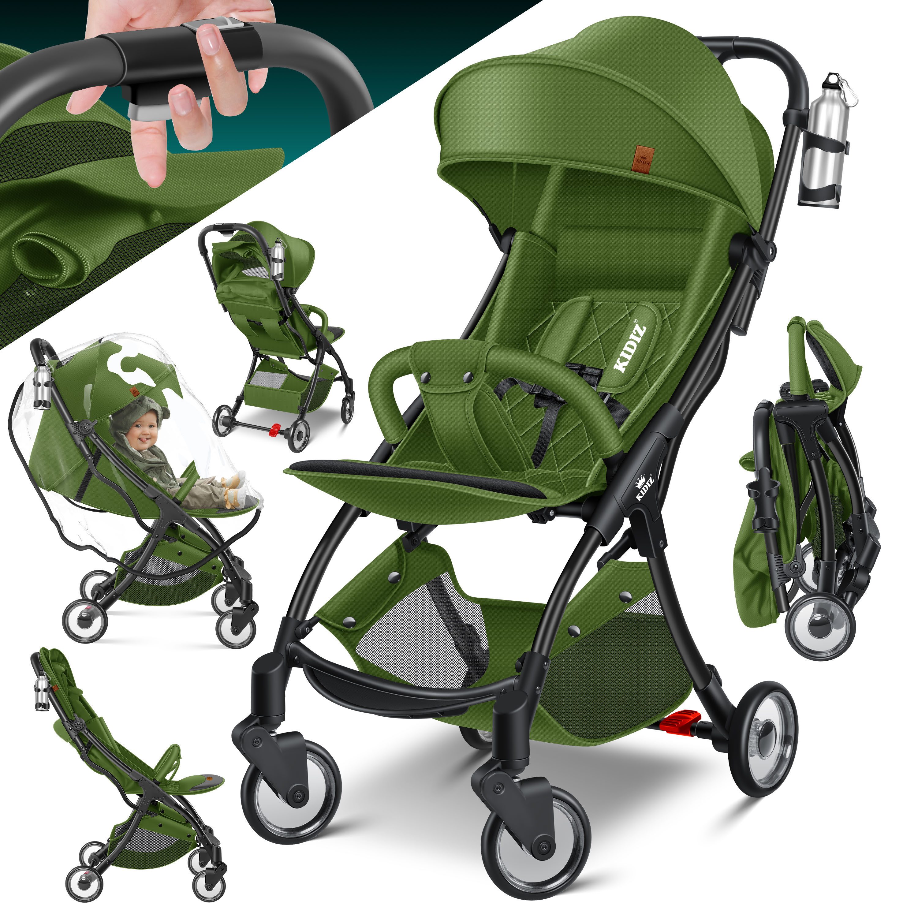 KIDIZ Kombi-Kinderwagen Sportwagen Faltbar, Buggy mit verstellbaren Rückenlehnen & 360° Räder, (Kinderbuggy Inkl. Getränkehalter, Regenabdeckung & Sonnenverdeck), Liegebuggy mit 5-Punkt Gurt & Abnehmbare Stoßstange