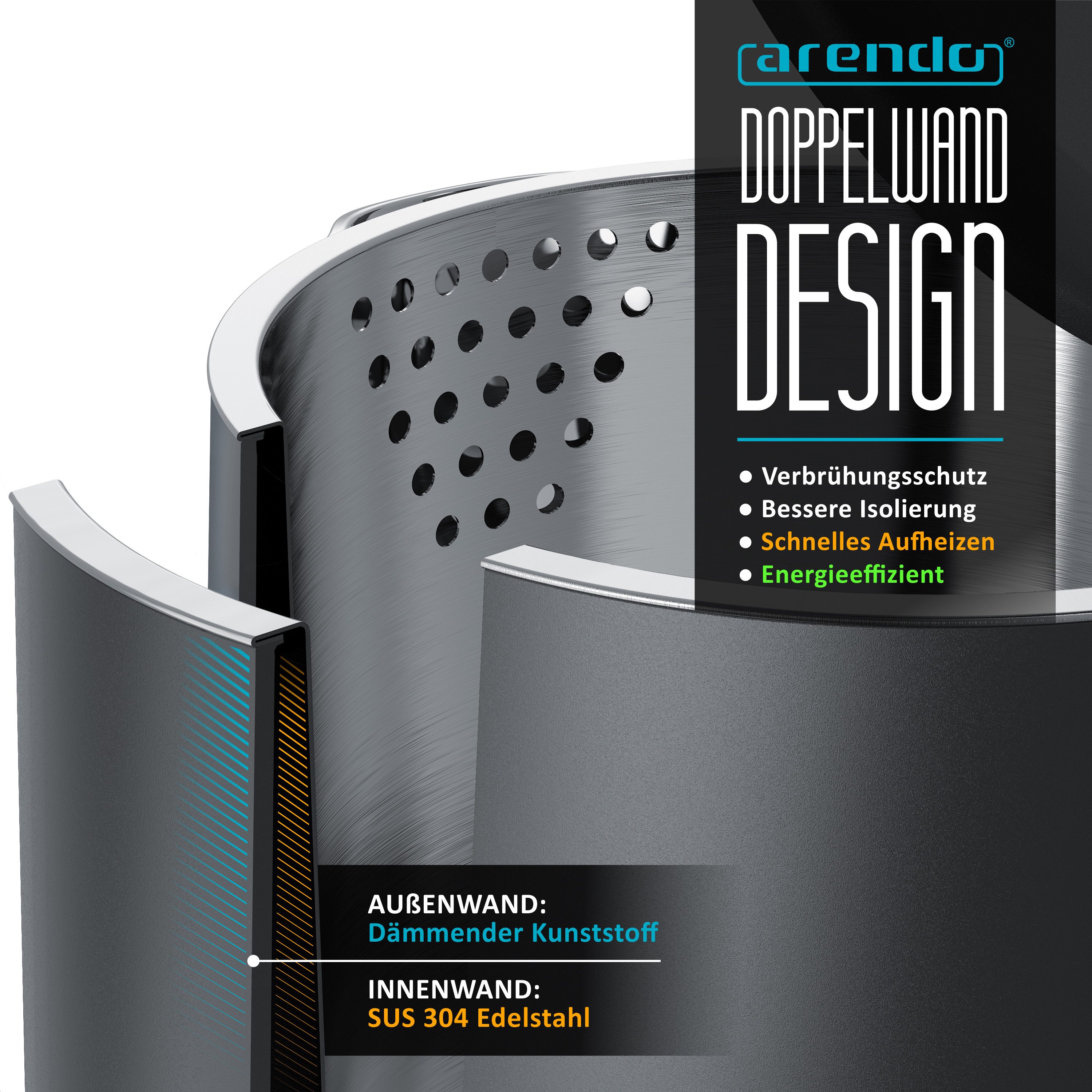 Arendo Wasserkocher aus Edelstahl, Doppelwand-Design, 360° Controller, Cool Grey Matt, 1,5 l, 2200 W, Teekocher, Cool-Touch-Griff, Überhitzungsschutz, BPA-frei, – Bild 4 von 5