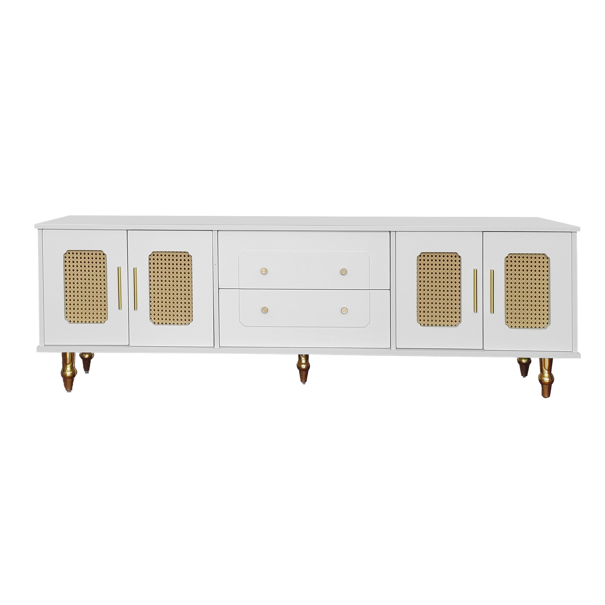 Merax Lowboard mit Schubladen und Türen, TV-Schrank mit Rattantüren,Fernsehtisch,TV-Board