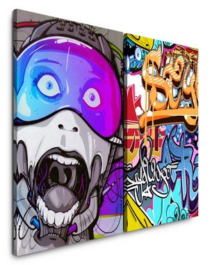 Sinus Art Leinwandbild 2 Bilder je 60x90cm Cyborg StreetArt Bunt Graffiti Jugendzimmer Wand Cool