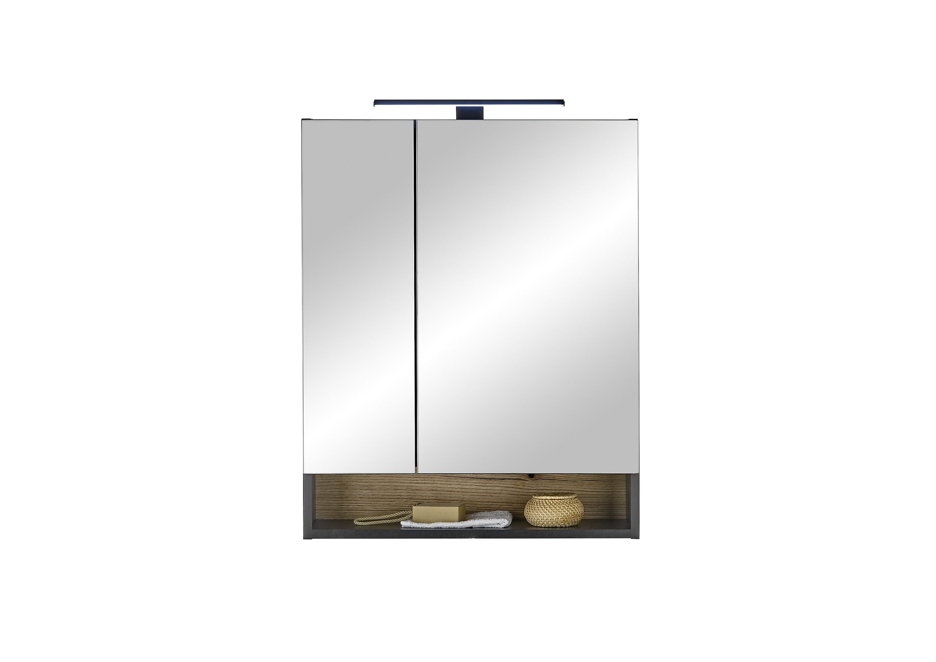 BEGA BBK Badezimmerspiegelschrank LED, Steckdose, schwarz matt / evoke Eiche Dekor - 60x75x22cm (BxHxT)