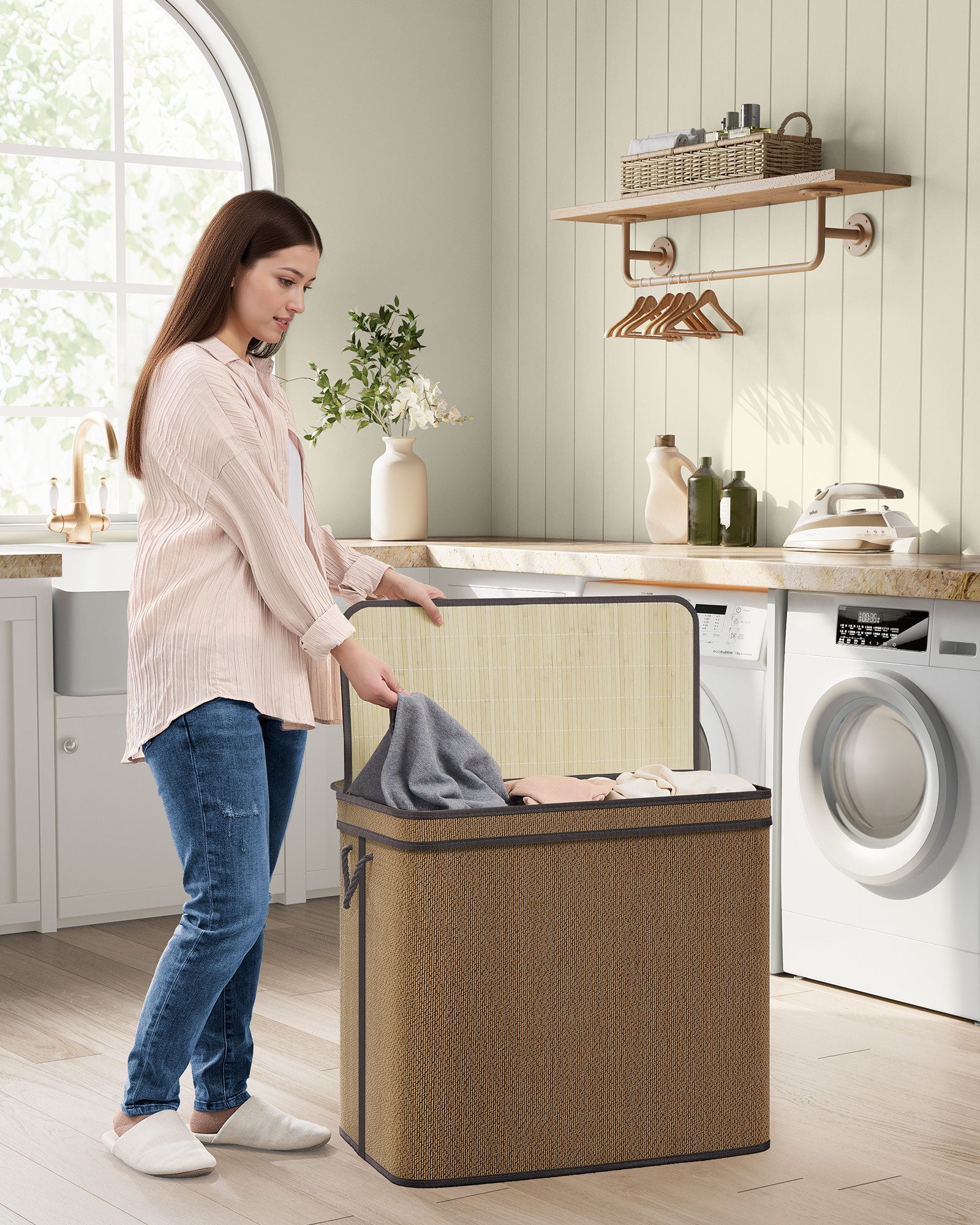 SONGMICS Wäschekorb, 3 Fächer,170 Liter,maschinenwaschbarer Wäschesack, bra günstig online kaufen