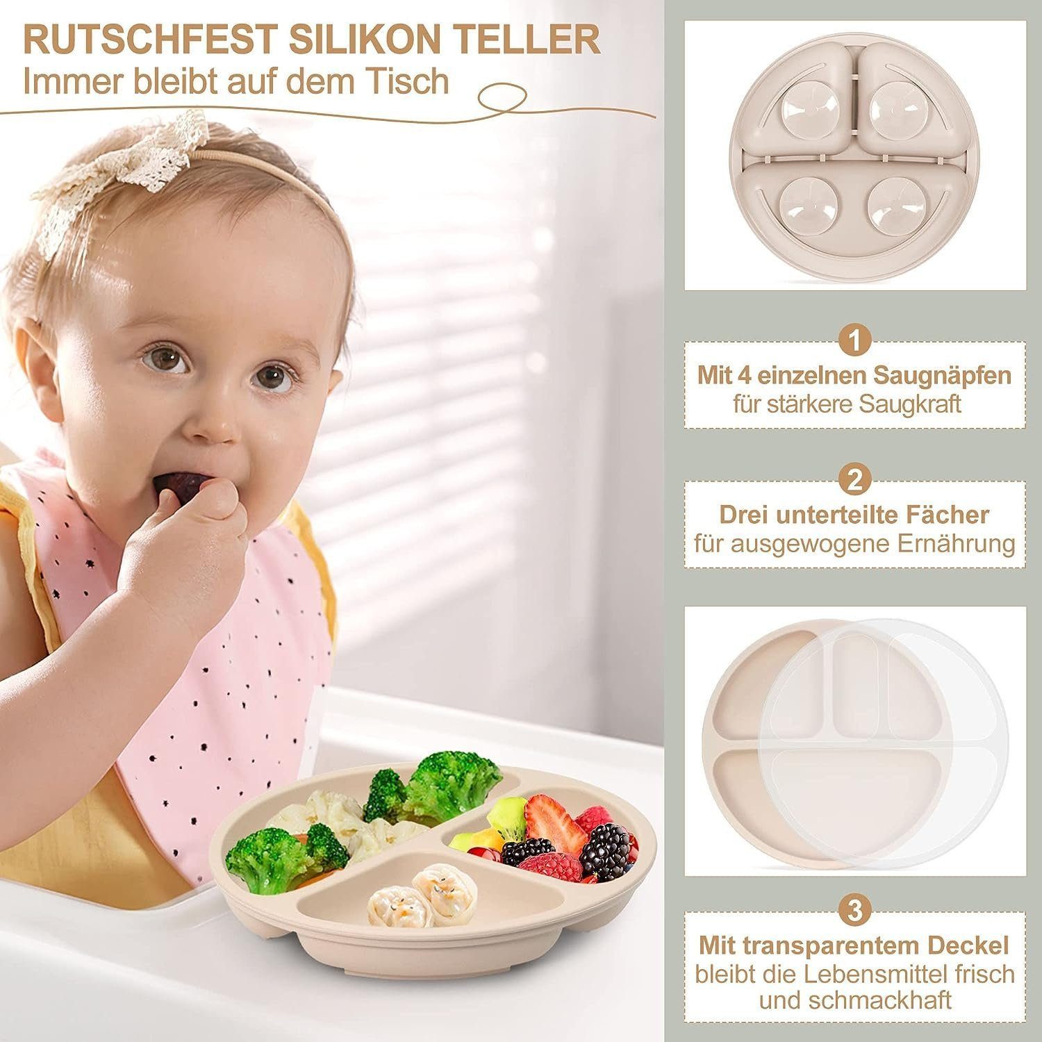 feinlux Kindergeschirr-Set Kindergeschirr-Set (7-tlg), 1 Personen, mit Staubschutzdeckel, Saugnapfboden, stoßfest