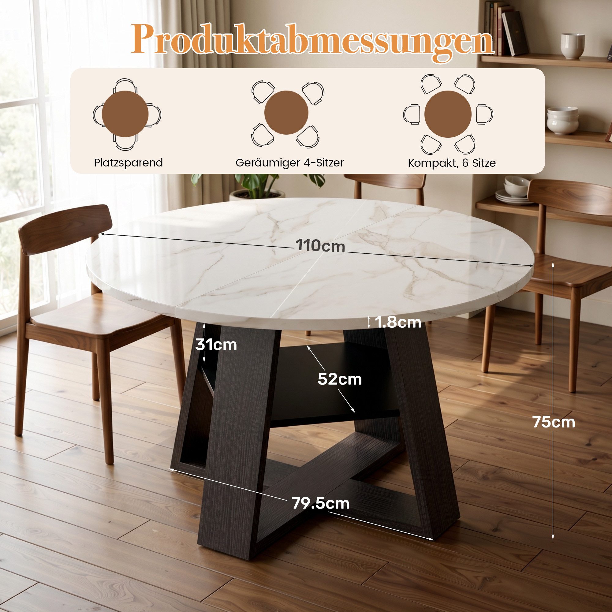 HawthyHome Esstisch aus Holz mit Ablagefach & X-förmigem Metallgestell, runder (1-St), mit Ablagefach & X-förmigem Metallgestell