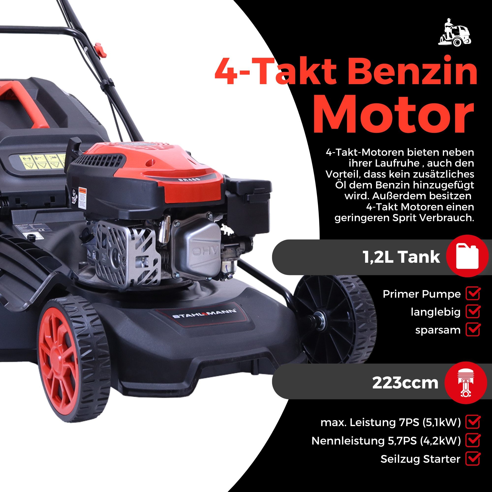 Stahlmann Petrol Lawn Mower BR532 – 7.0 HP (5.1 kW) 224 cc with drive, 53 cm cutting width, mulching, EasyClean, large wheels, 60 L grass catcher
