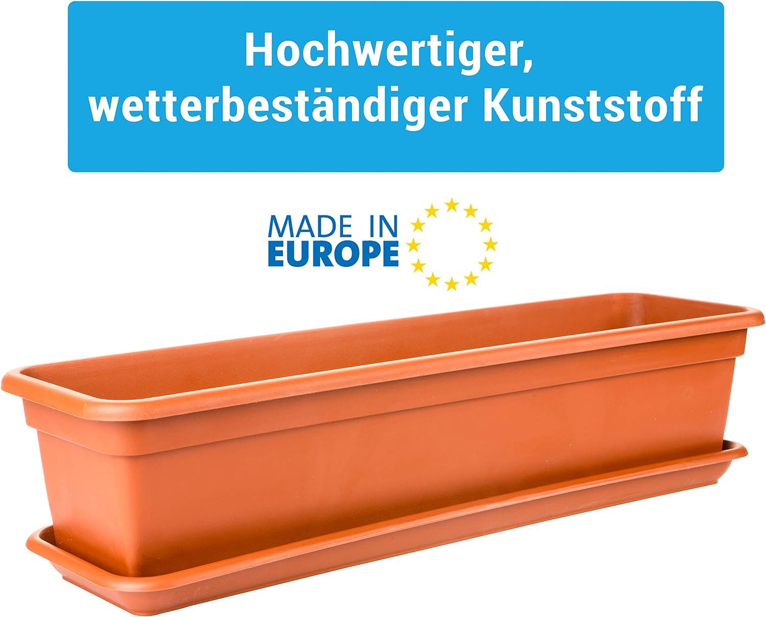 2friends Blumenkasten 6er Set, Balkonkästen mit Untersetzer aus Kunststoff (60T x 17B x 14H cm), Balkon Blumenkasten Terracotta