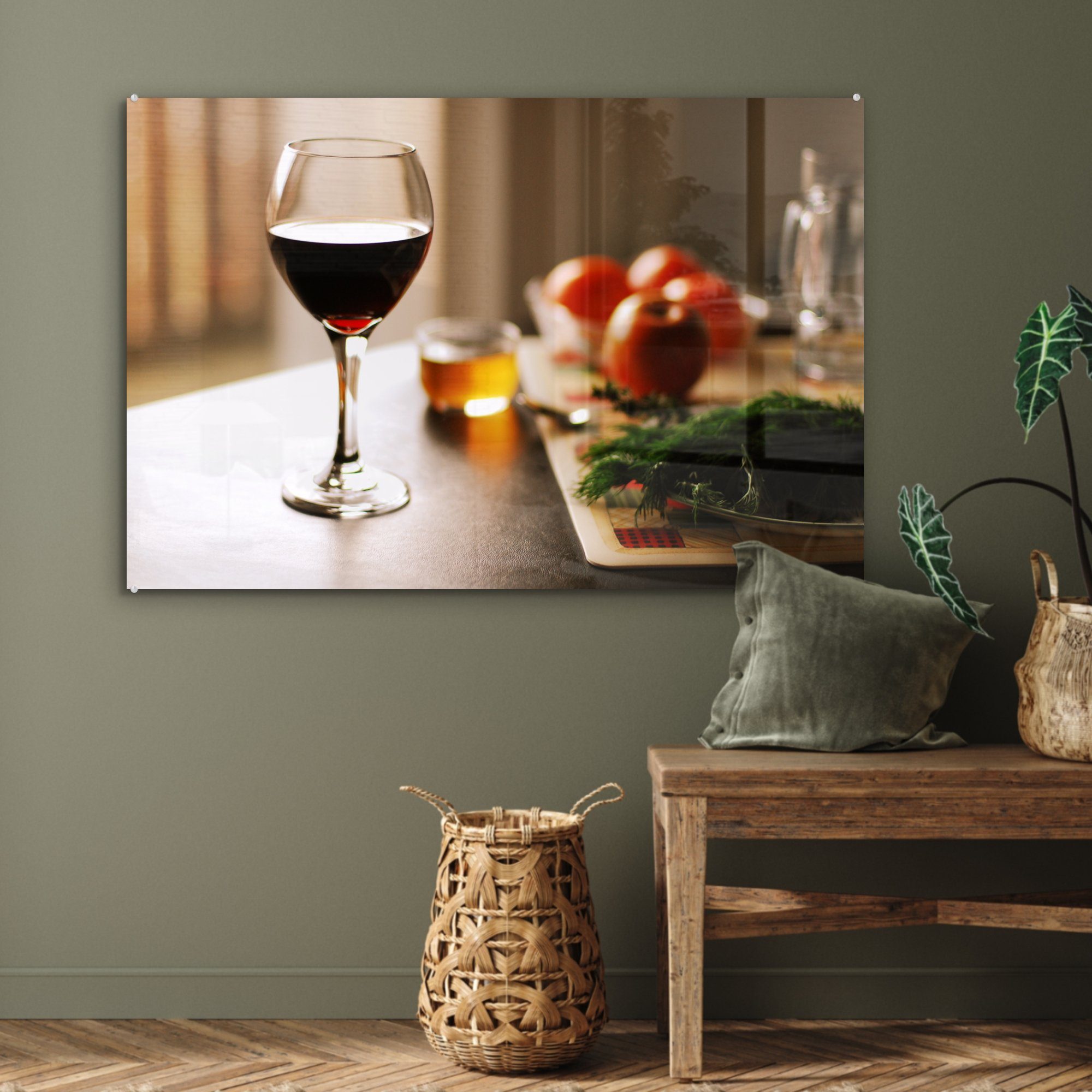 MuchoWow Acrylglasbild Leckerer Acrylglasbilder Rotwein mit St), Wohnzimmer (1 Schlafzimmer & Gemüse