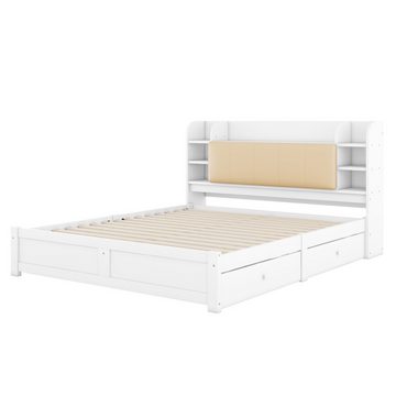 DOPWii Bett 180*200 cm Flachbett,Teilweise aufklappbares Kopfteil,Vier Schubladen,Mehrere Staufächer,Weiß