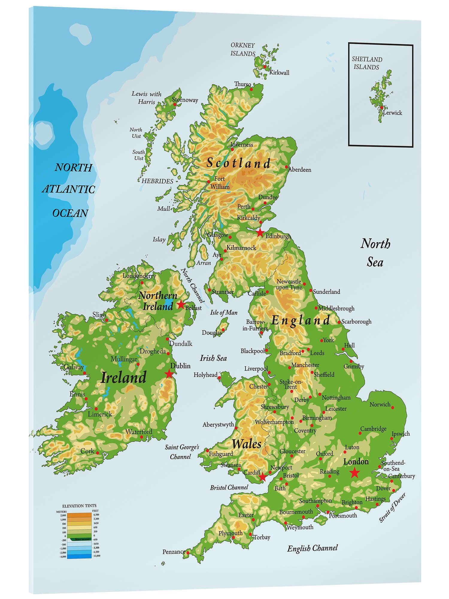 Posterlounge Acrylglasbild Editors Choice, Topografische Karte von Großbritannien und Irland (Englisch), Wohnzimmer Illustration