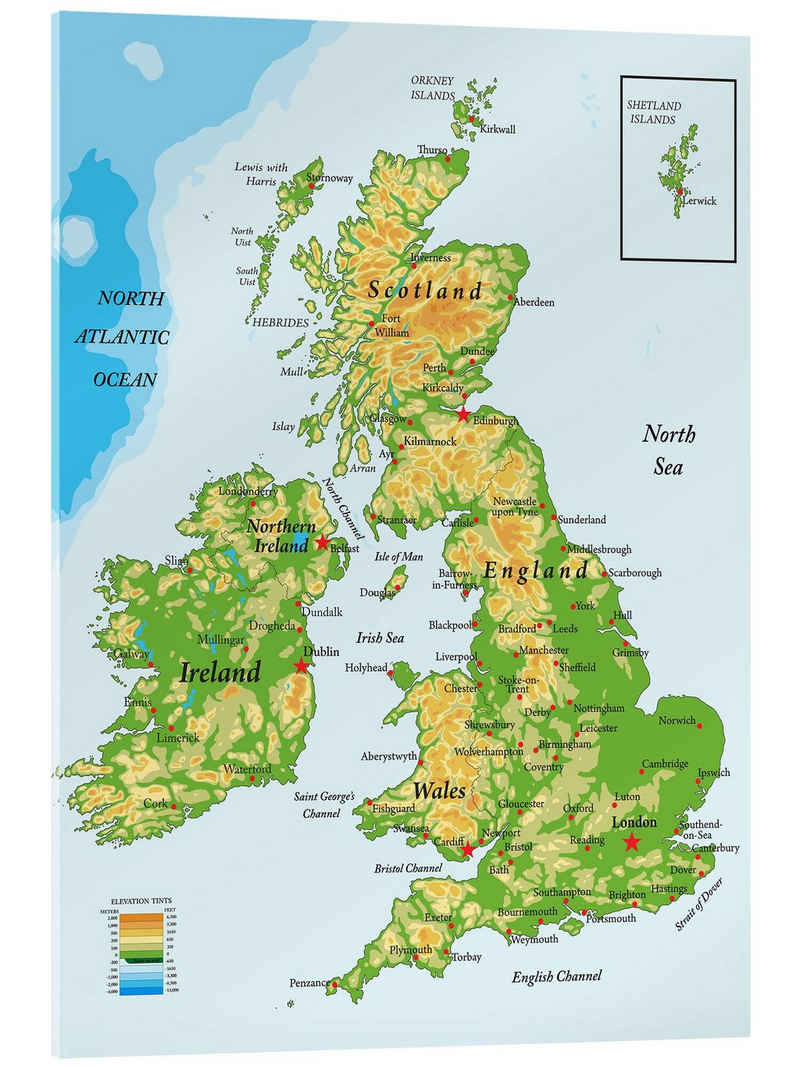 Posterlounge Acrylglasbild Editors Choice, Topografische Karte von Großbritannien und Irland (Englisch), Wohnzimmer Illustration