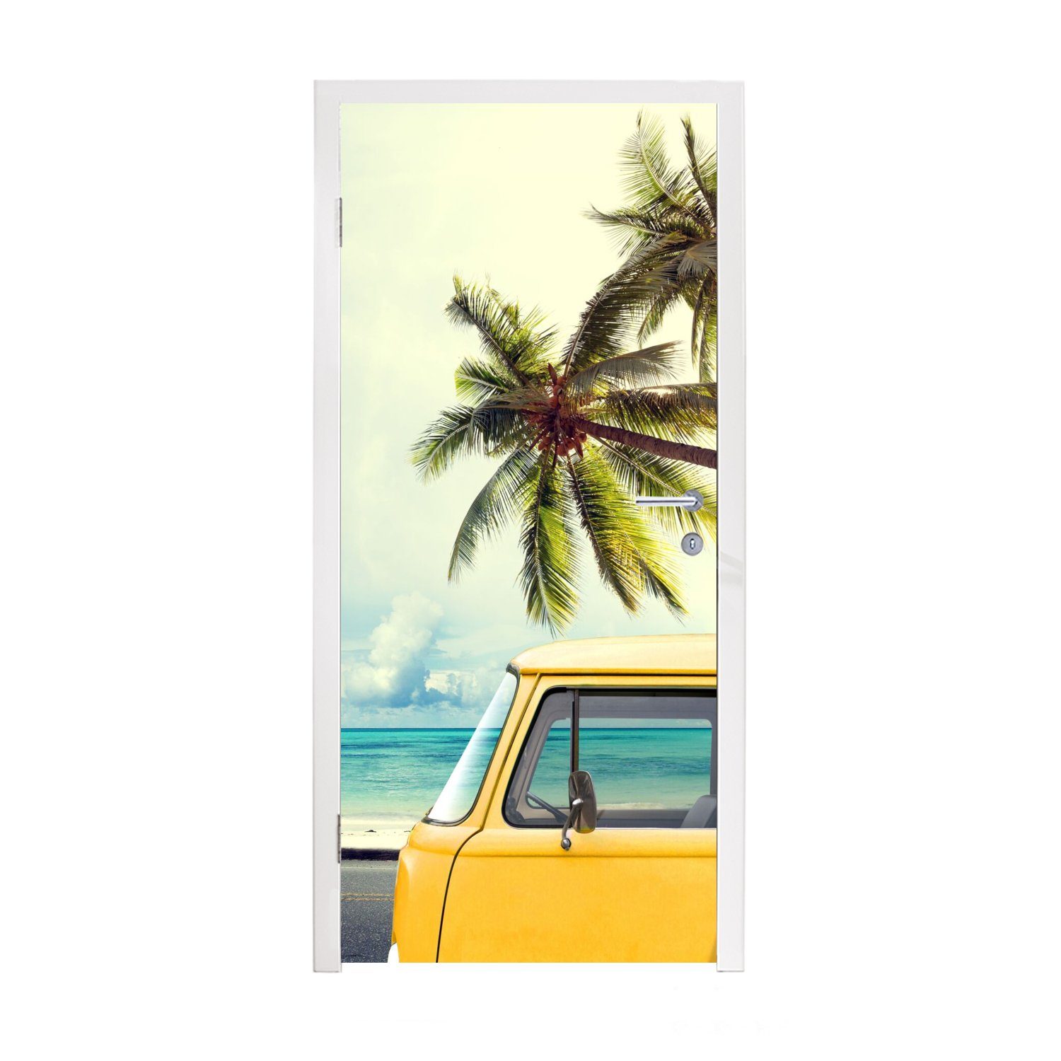 MuchoWow Türtapete Palme - Auto - Strand - Tropisch, Matt, bedruckt, (1 St), Fototapete für Tür, Türaufkleber, 75x205 cm
