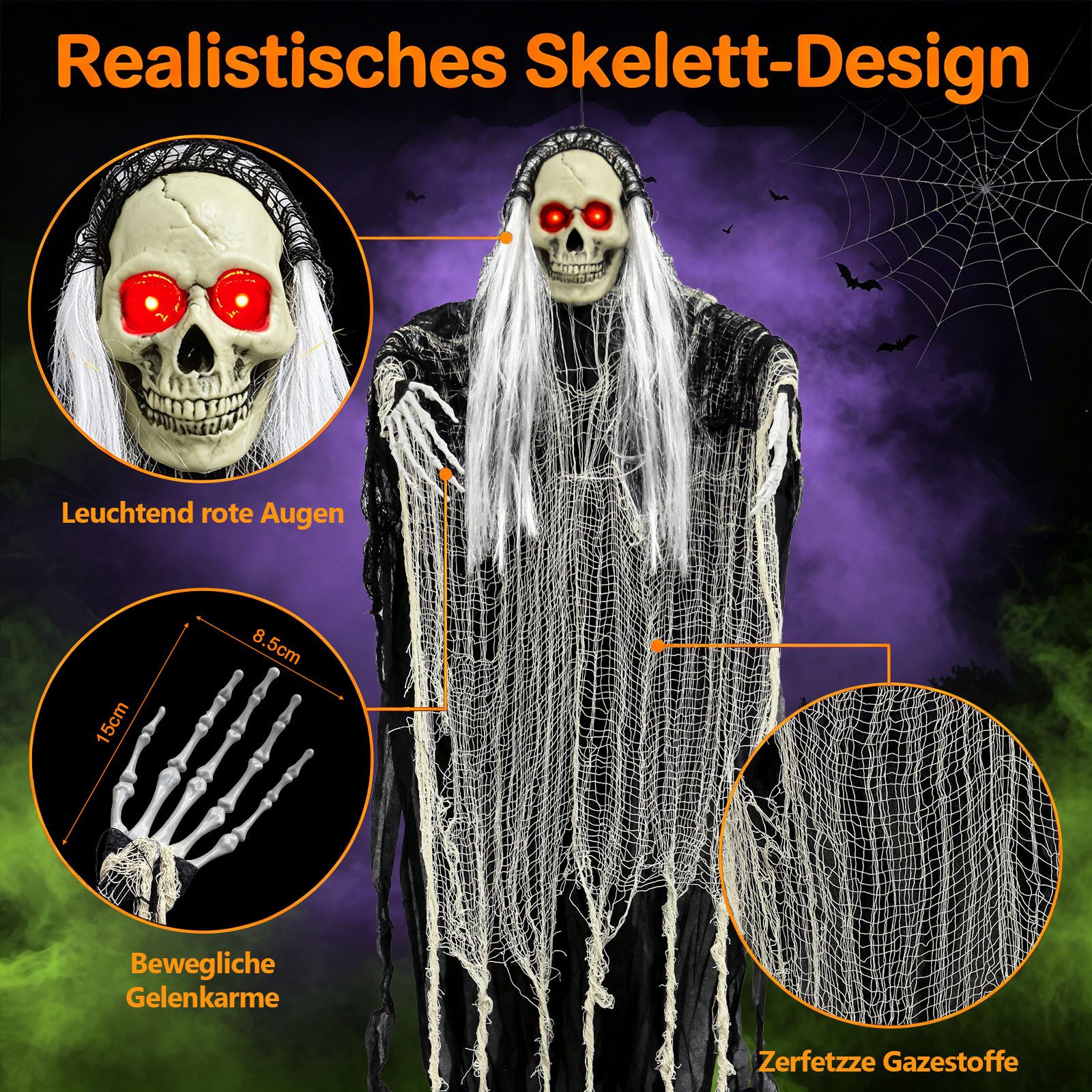 OZAVO Dekofigur Halloween Skelett Geist Hängender Geist Deko 180 cm mit Geräuschsensor (mit leuchtenden roten Augen&, ewegliche Arme), Halloween Deko außen für  – Bild 3 von 5