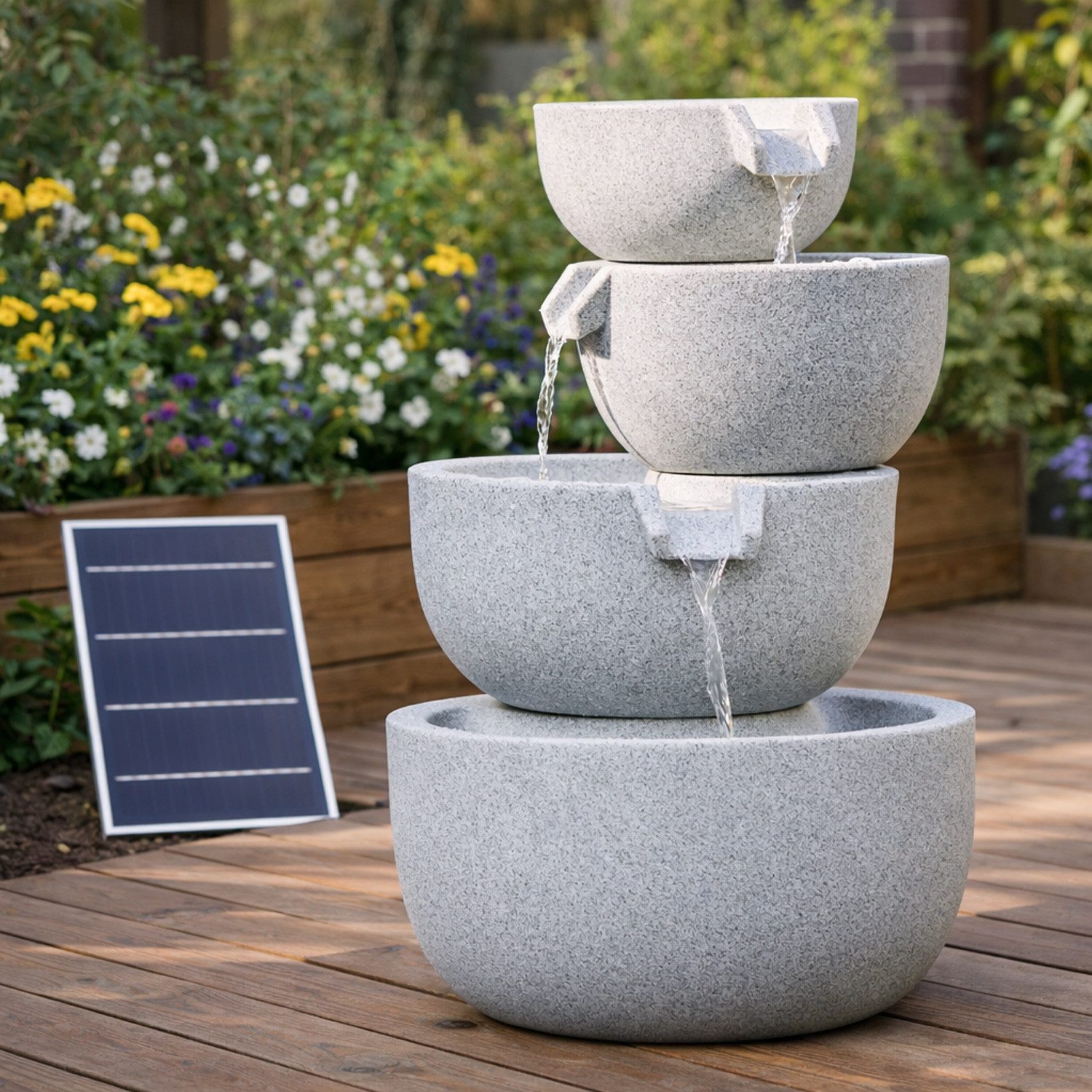 MARELIDA Gartenbrunnen LED Gartenbrunnen Outdoor Schalenbrunnen 3 Kaskaden Solar, 46 cm Breite, Wasserbecken BxT: 46x46 cm