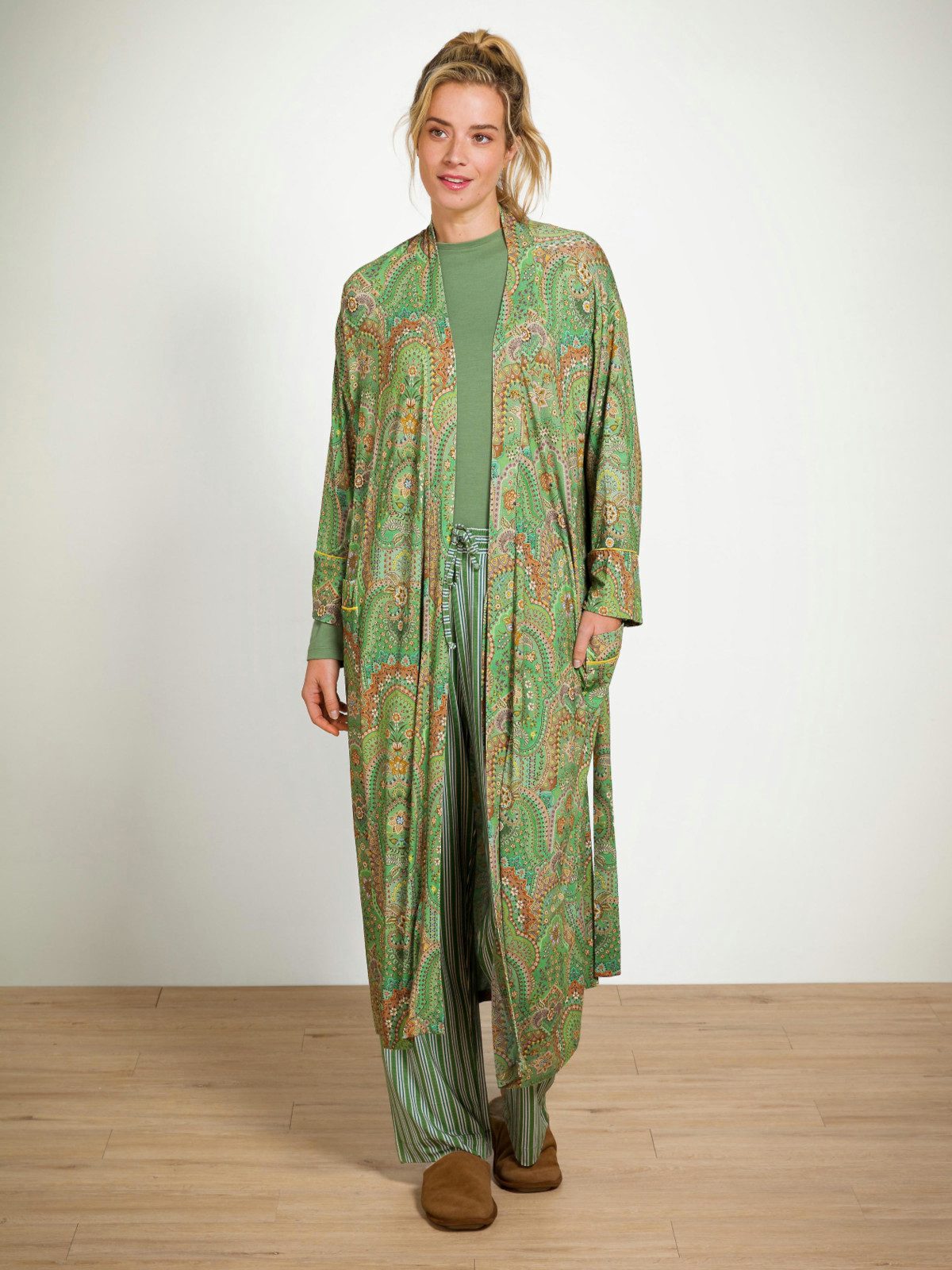 PiP Studio Bademantel Noa Kimono Jabali Green M, Viskose / Elasthan