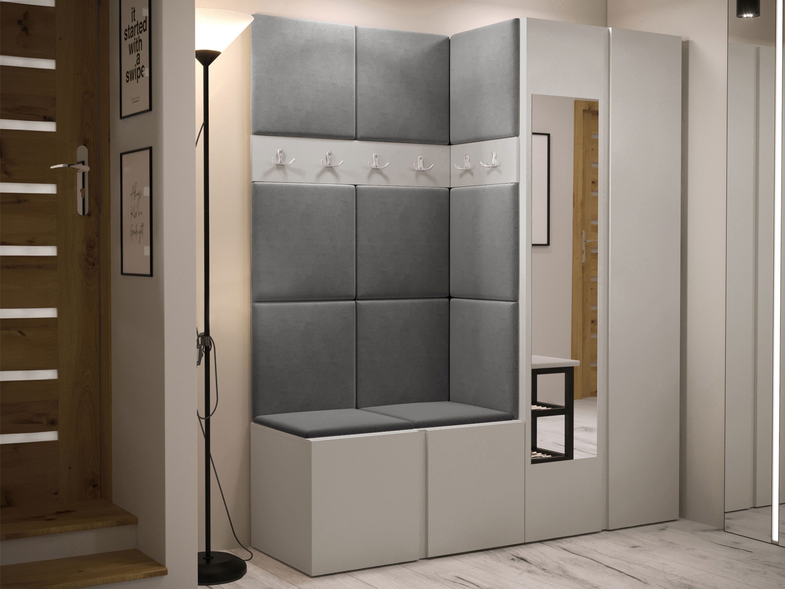 MIRJAN24 Garderoben-Set Orion XII, (Komplett-Set, Schrank, Schrank mit Spiegel, 2x Kleiderhaken, Paneel 11x 42x42), Auswahl aus Fronten und Polsterplatten