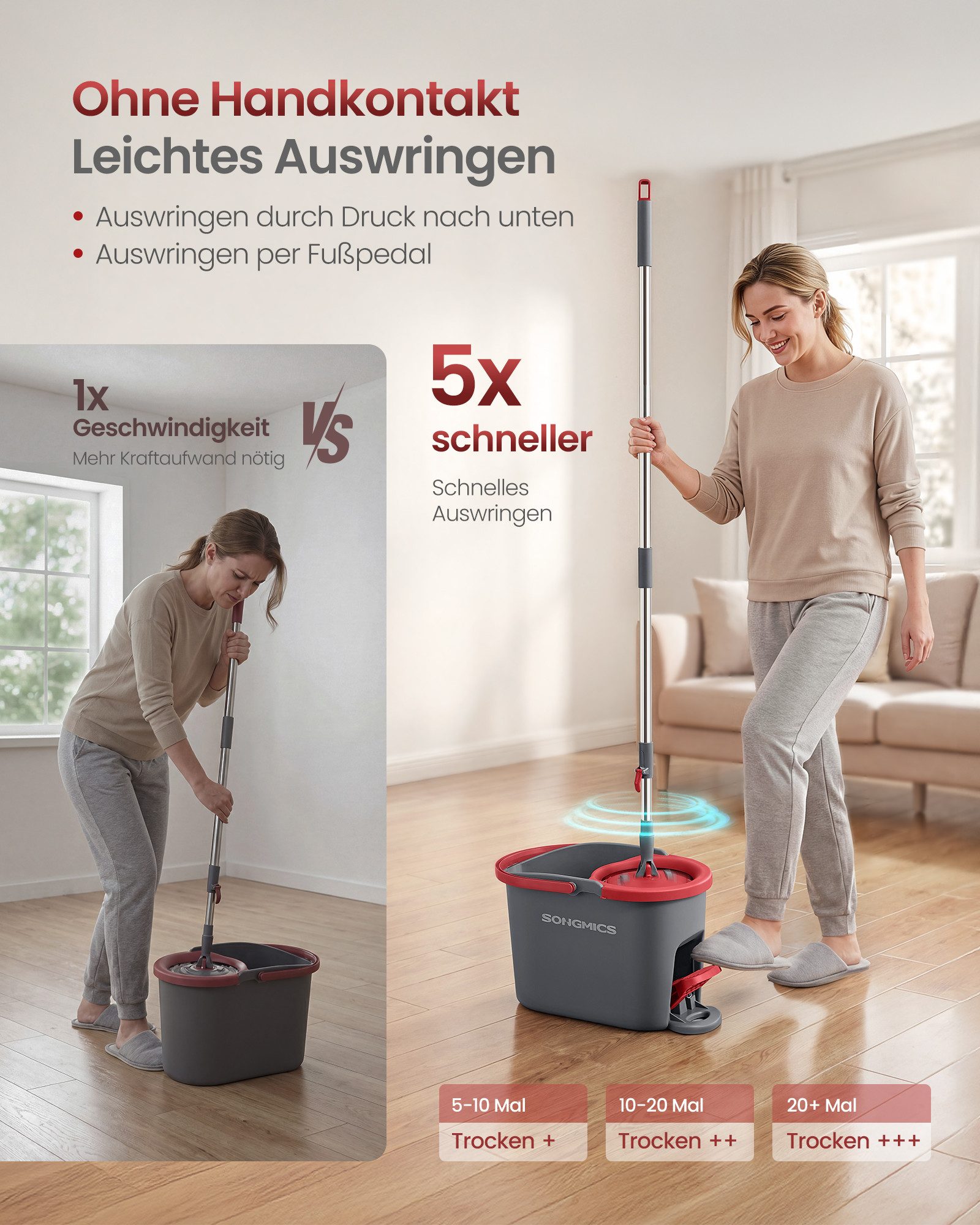 SONGMICS Wischmopp-Set mit Eimer, Putzeimer mit Pedal und Auswringfunktion, (1-St), Teleskopstiel 122,5-150 cm, 360°-Drehkopf, 1 Mikrofaserbezug