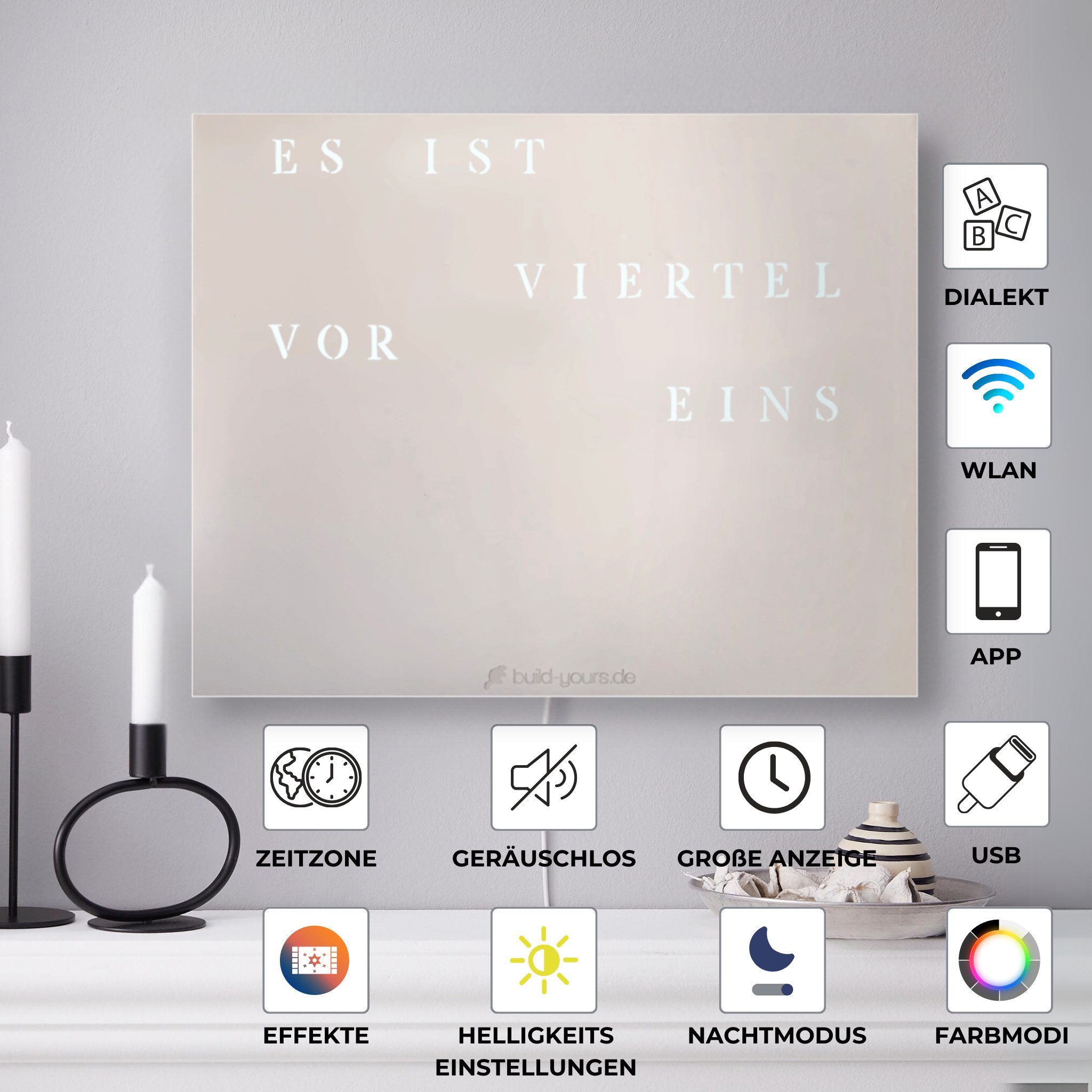build-yours.de Wanduhr Wortuhr Jupiter in Deutsch - LED Wanduhr zum Aufhäng günstig online kaufen