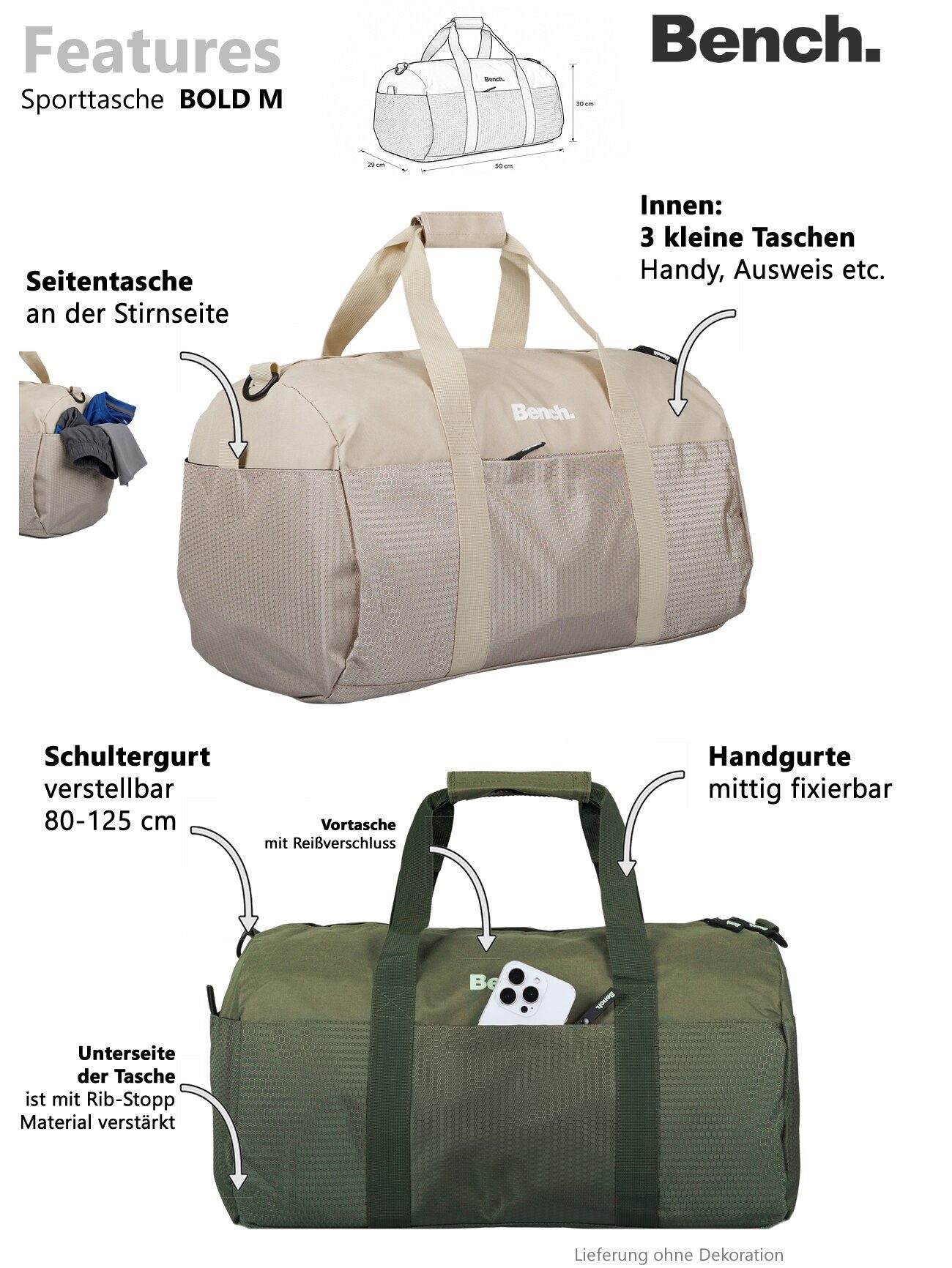Bench. Sporttasche Damen Herren Reisetasche Gym Bag 50 cm 34 L, Fitnesstasche Sauna Sport Freizeittasche Handgepäck 64208 + Flasche