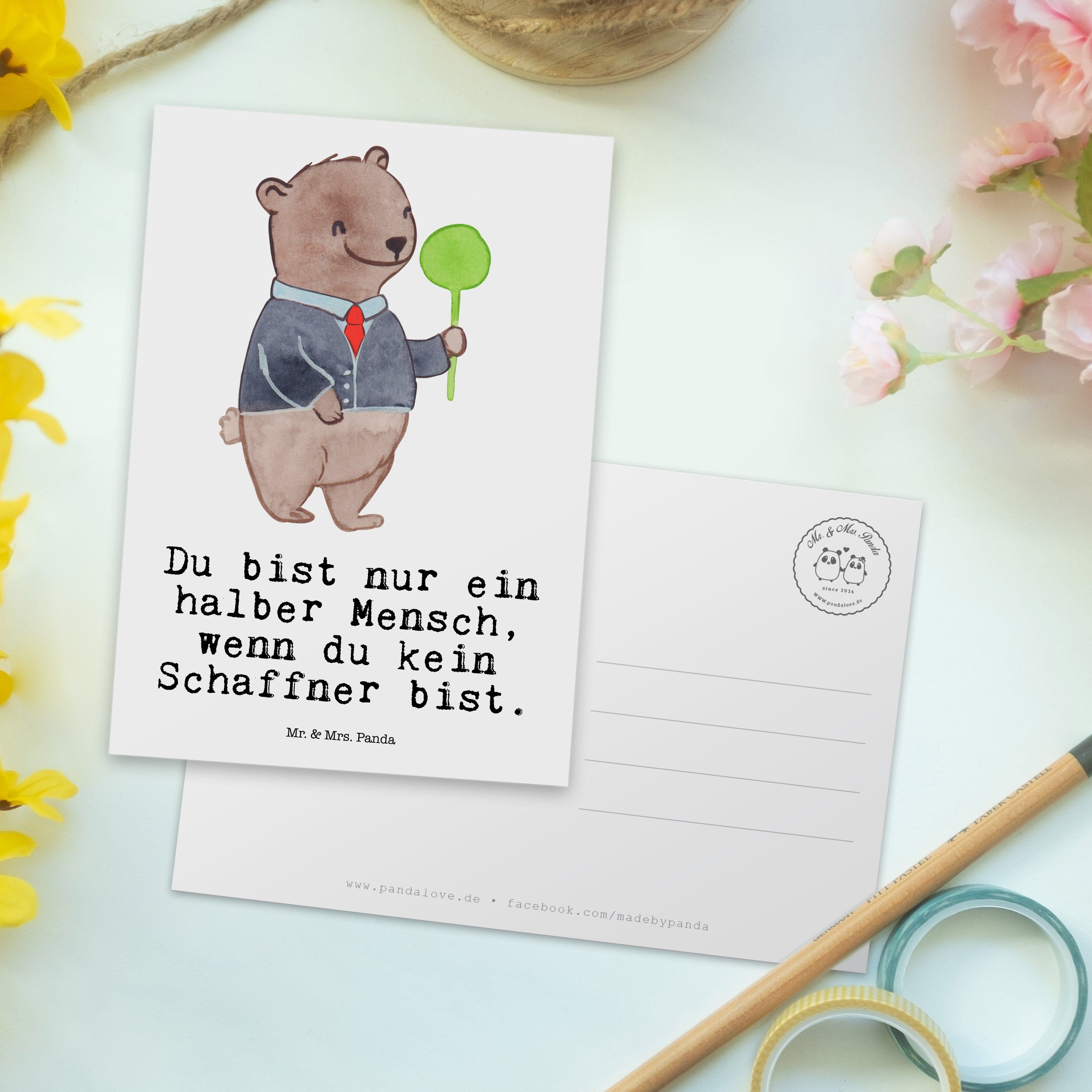 Mrs. Panda - Mr. Weiß Rente, Schaffner Herz mit Geschenk, Jubiläu - Postkarte & Einladungskarte,