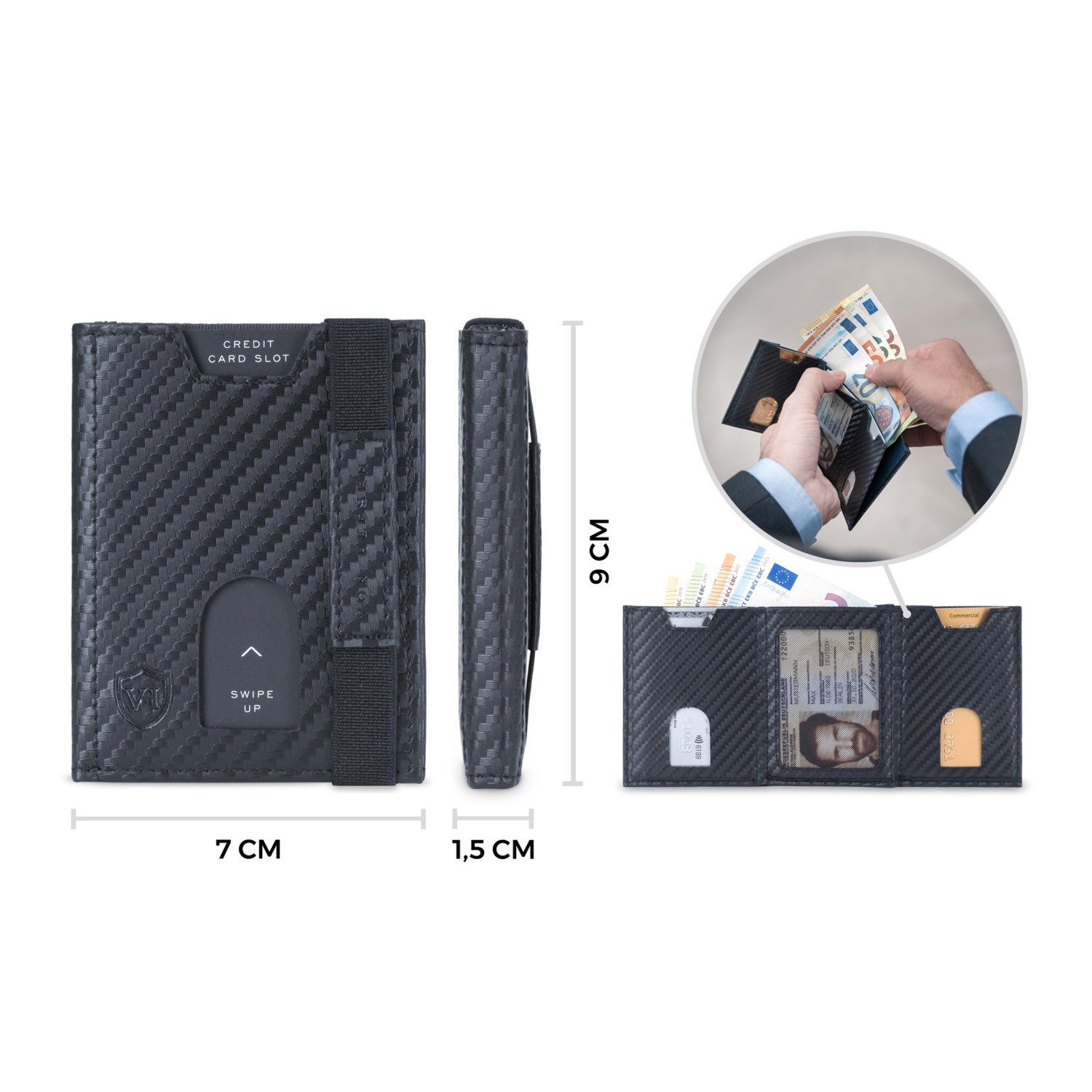 VON HEESEN Geldbörse Whizz Slim Geschenkbox mit Wallet Wallet Carbon-Schwarz Geldbeutel Portemonnaie & RFID-Schutz 6 inkl. Kartenfächer