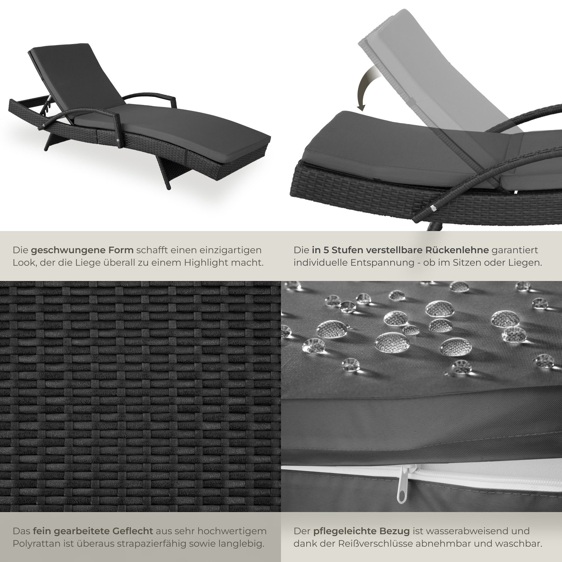 tectake Gartenliege Sonnenliege - 5-fach verstellbare Rückenlehne, Balkonliege Océane, 1 St., in Schwarz, rostfreies Aluminium mit polyrattan Geflecht. – Bild 5 von 5