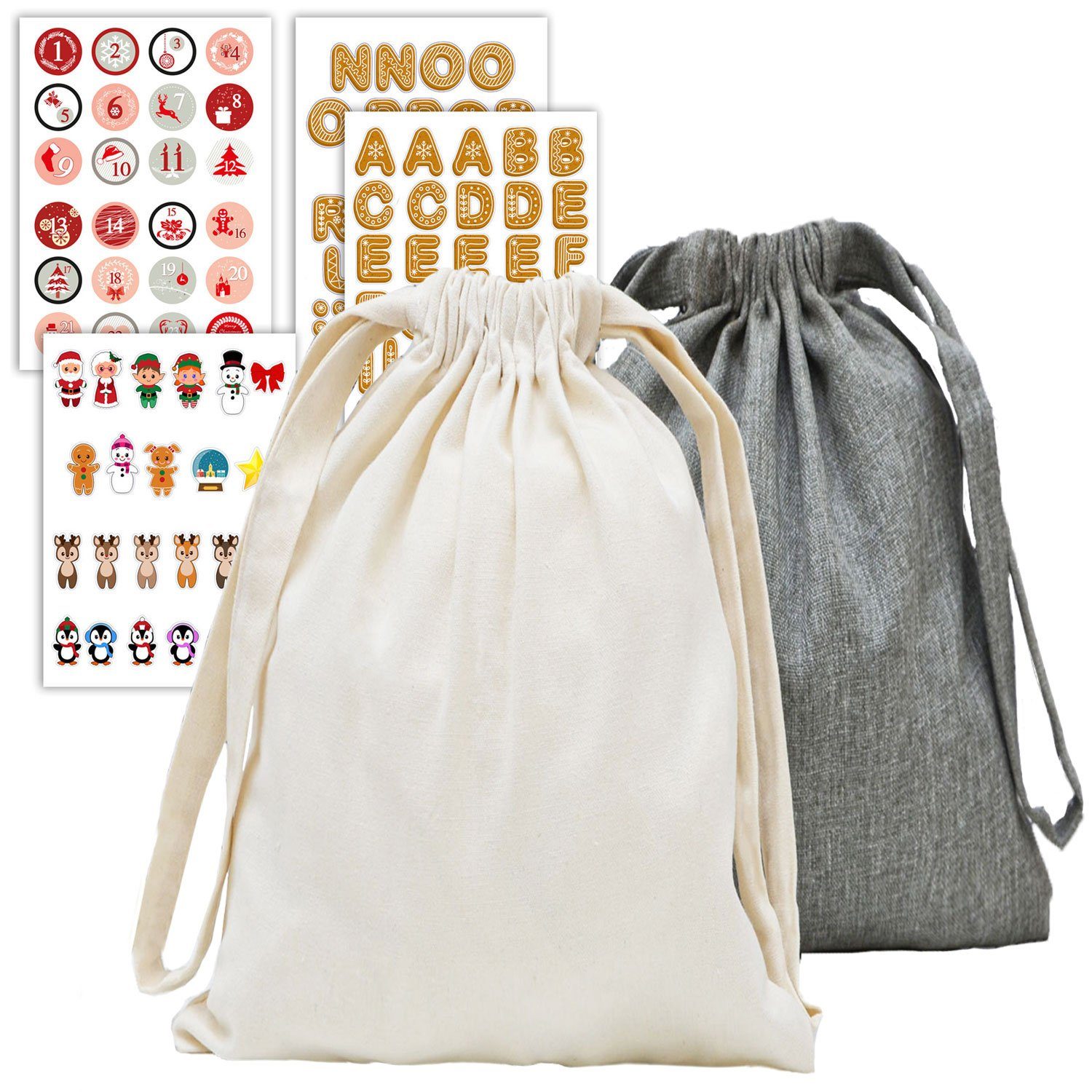 DuneDesign Упаковочная бумага 2 Geschenkbeutel Weihnachten 100 Aufkleber 32x32cm, Stoffbeutel Säckchen Groß