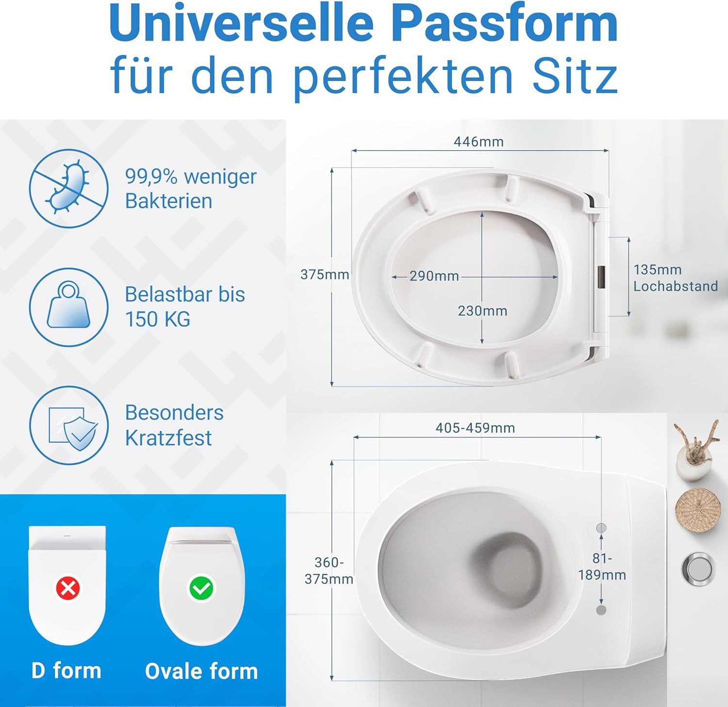Lobenswerk WC-Sitz Toilettendeckel mit Absenkautomatik, Klodeckel, Klobrille, SoftClose, antibakteriell, UV-beständig, inkl. Installationsschablone