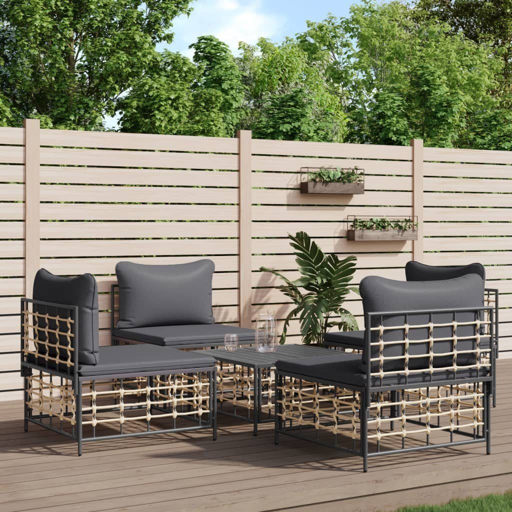 vidaXL Loungesofa 5-tlg. Garten-Lounge-Set mit Kissen Anthrazit Poly Rattan, 5 Teile Dunkelgrau