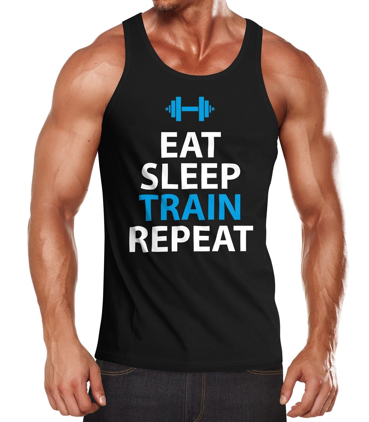MoonWorks Tanktop Herren Tanktop Eat Sleep Train Repeat Bodybuilder Fitness Gym mit Print