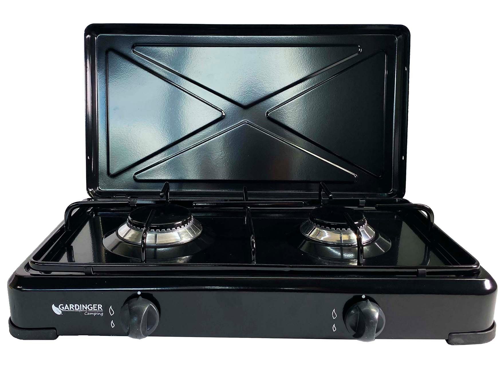 GARDINGER Taschenkocher Campingkocher Duo schwarz zweiflammig mit Deckel 30 mbar, (1-St), großer Brenner/ mittlerer Brenner, pulverbeschichtetes Gehäuse