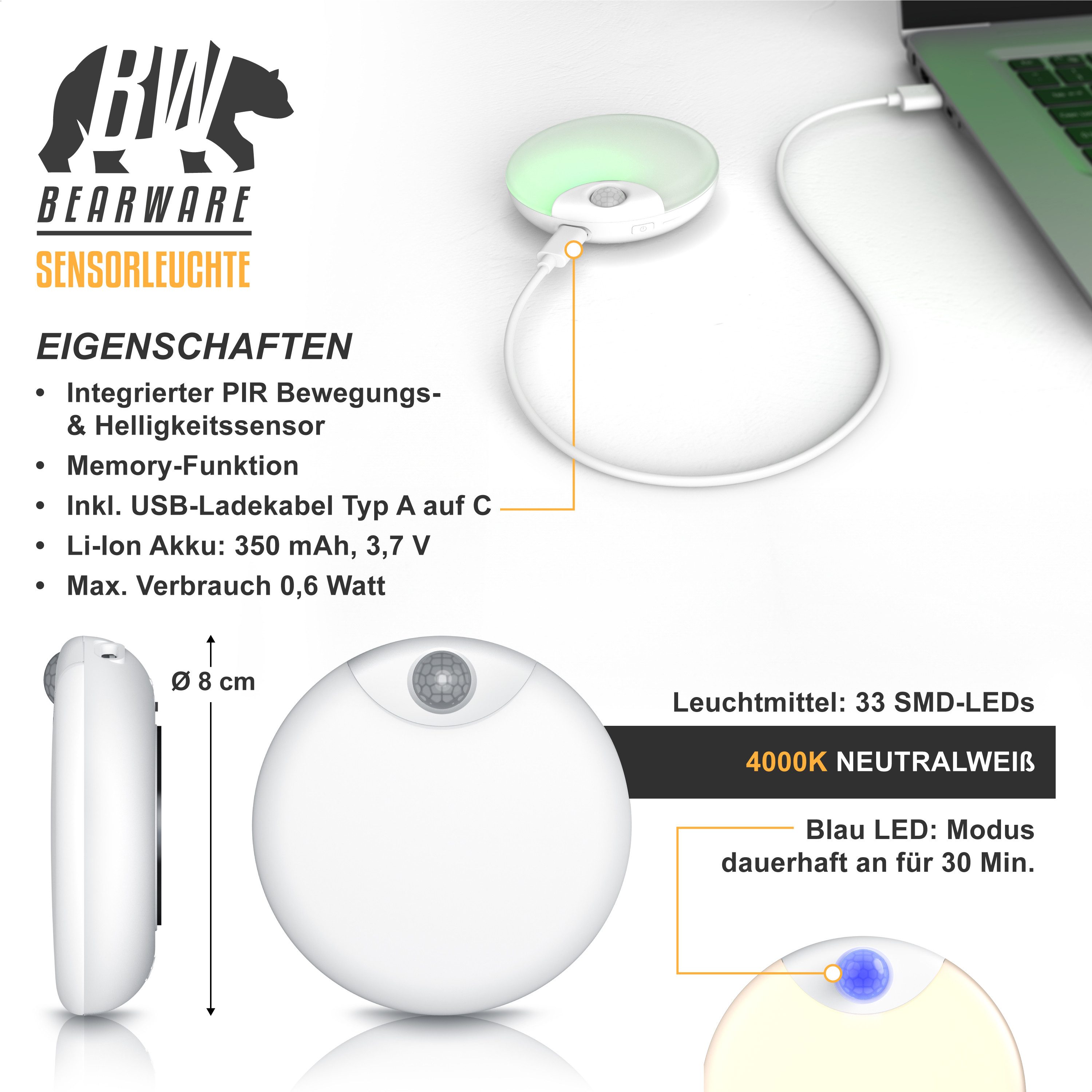 BEARWARE LED Nachtlicht 3x Schranklicht mit Bewegungsmelder, 3er Set, Akku, günstig online kaufen