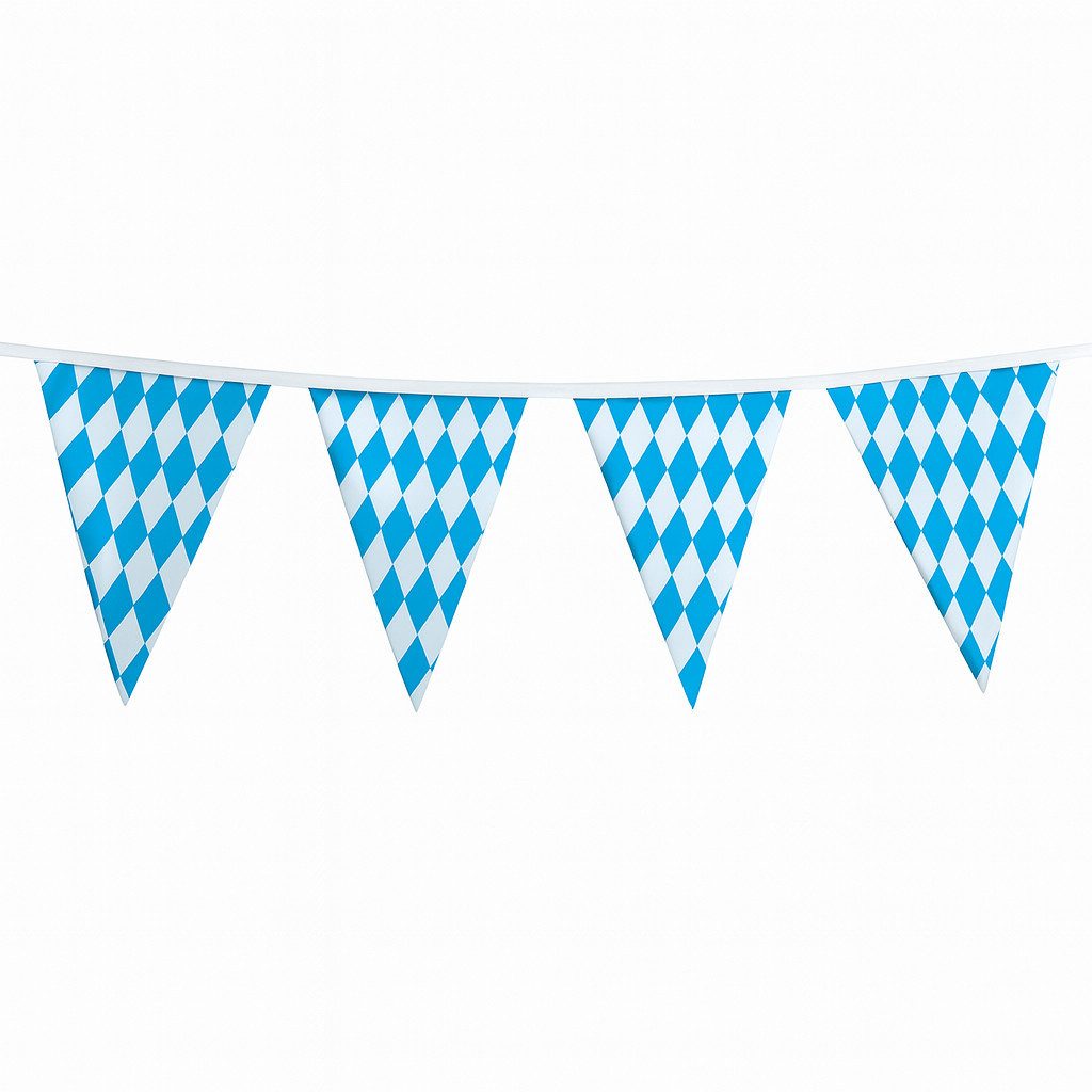 Fries Girlande Oktoberfest Wimpelgirlande 10 m Bayern Party Deko blau-weiß wetterfest, Zünftig, wetterfest, vielseitig