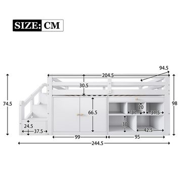 Flieks Hochbett Massivholz Kinderbett mit Schrank, Treppe und Leiter 90x200cm