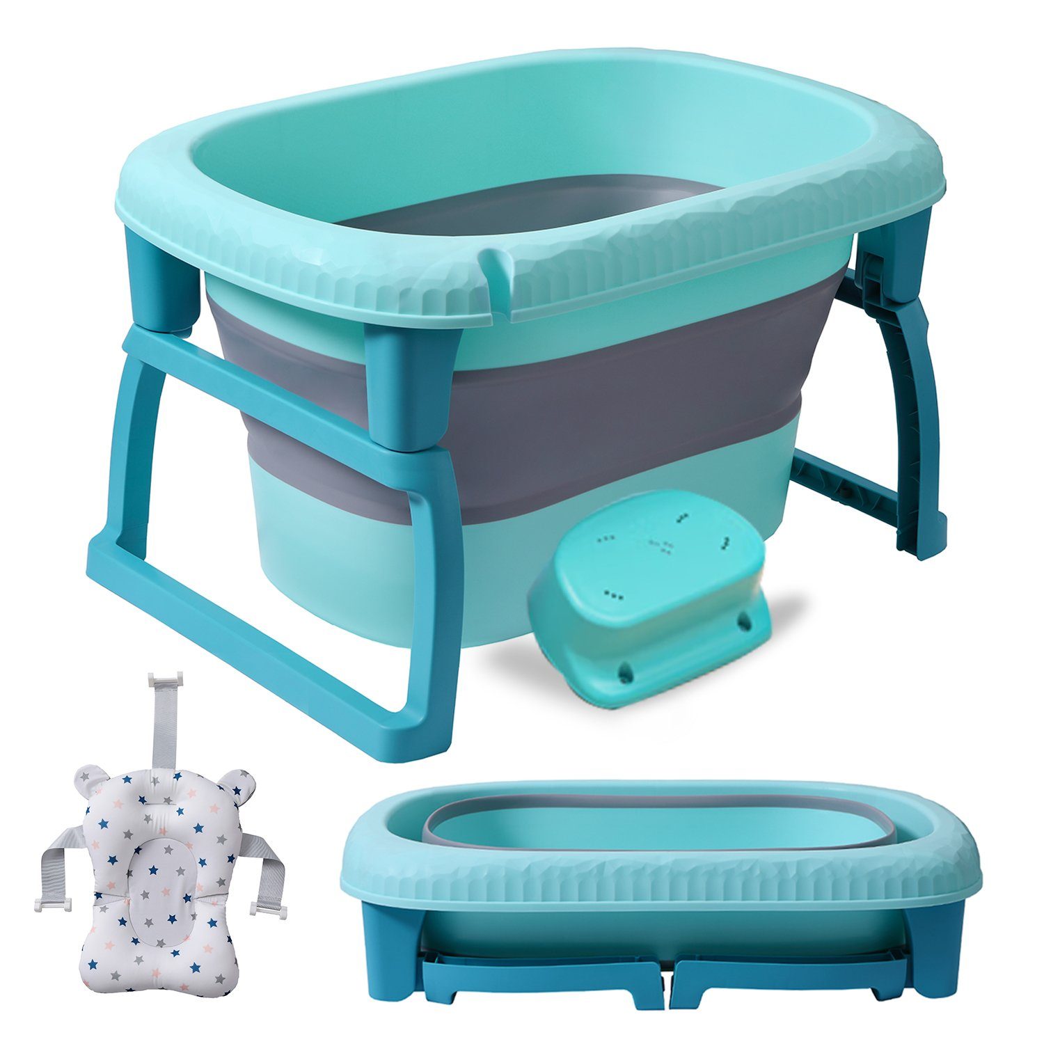 FOXSPORT Babybadewanne 3 in 1 Faltbare Badewanne für Kleinkinder & Kinder, Haustier, (Tragbare Badewanne für Dusche, Kinder Summer Schwimmbad), Wanne mit Badewannensitz für 3-6 Jahre und Duschrille für 0-3 Jahre grün