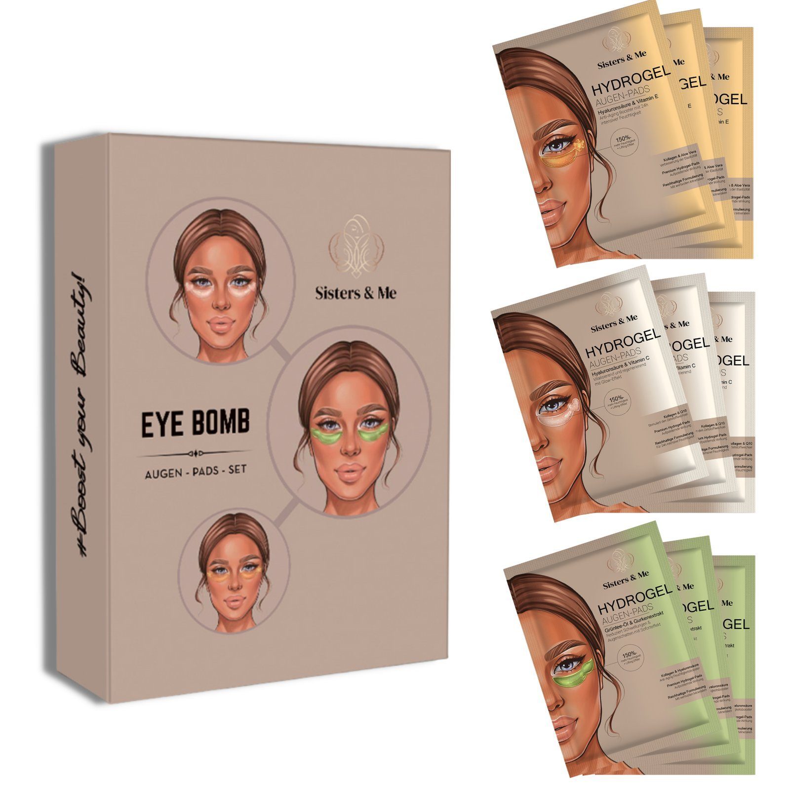 Sisters & Me Augenpads Sisters & Me Eye Bomb Set, Hydrogel Augen Pads Set gegen Augenringe, 9-tlg.