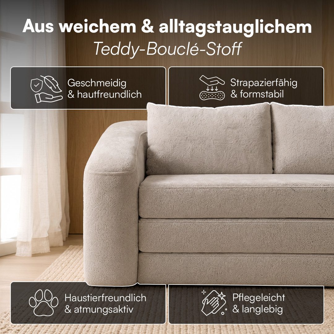 skølm Schlafsofa & Schlafsessel Fjäll mit Kissen, ohne Aufbau, vakuumverpackt, beige, Klappsofa 182x100x70 cm, Teddy-Bouclé Schlafcouch – Bild 4 von 5