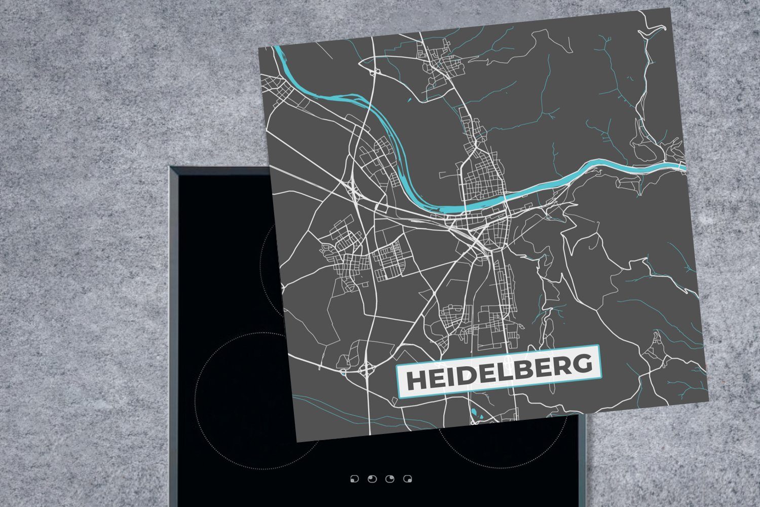 Stadtplan (1 cm, - Blau für - - MuchoWow tlg), Ceranfeldabdeckung, Heidelberg 78x78 Karte, Arbeitsplatte - Herdblende-/Abdeckplatte Vinyl, küche Deutschland