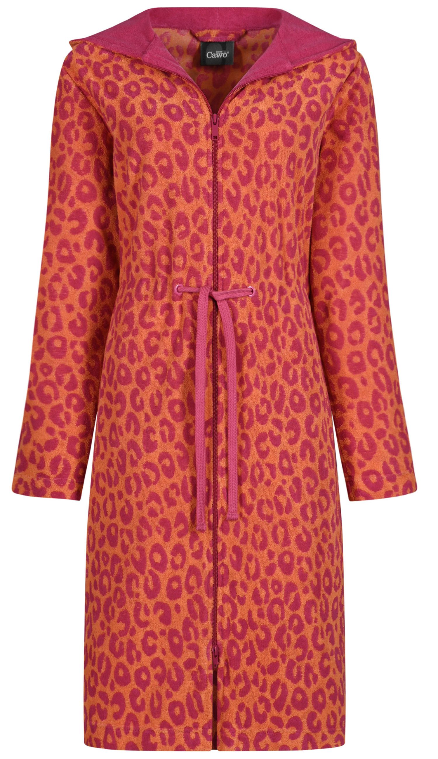 Cawö Damenbademantel Damen Morgenmantel mit Kapuze, Baumwollmischung, Kapuze, Reißverschluss, Animal Look