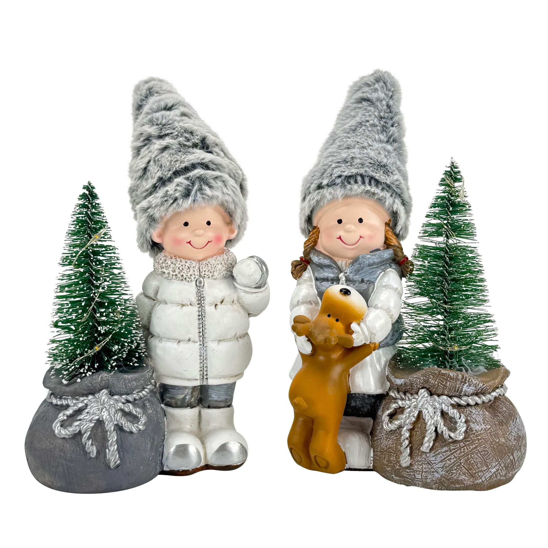 Online-Fuchs LED-Dekofigur - 2 Kinder mit Tannenbaum, LED-Lichterkette und Timer - Weihnachtsdeko (20 cm groß, 9 warmweiße LED´s je Baum), inklusive praktischer – Bild 2 von 5