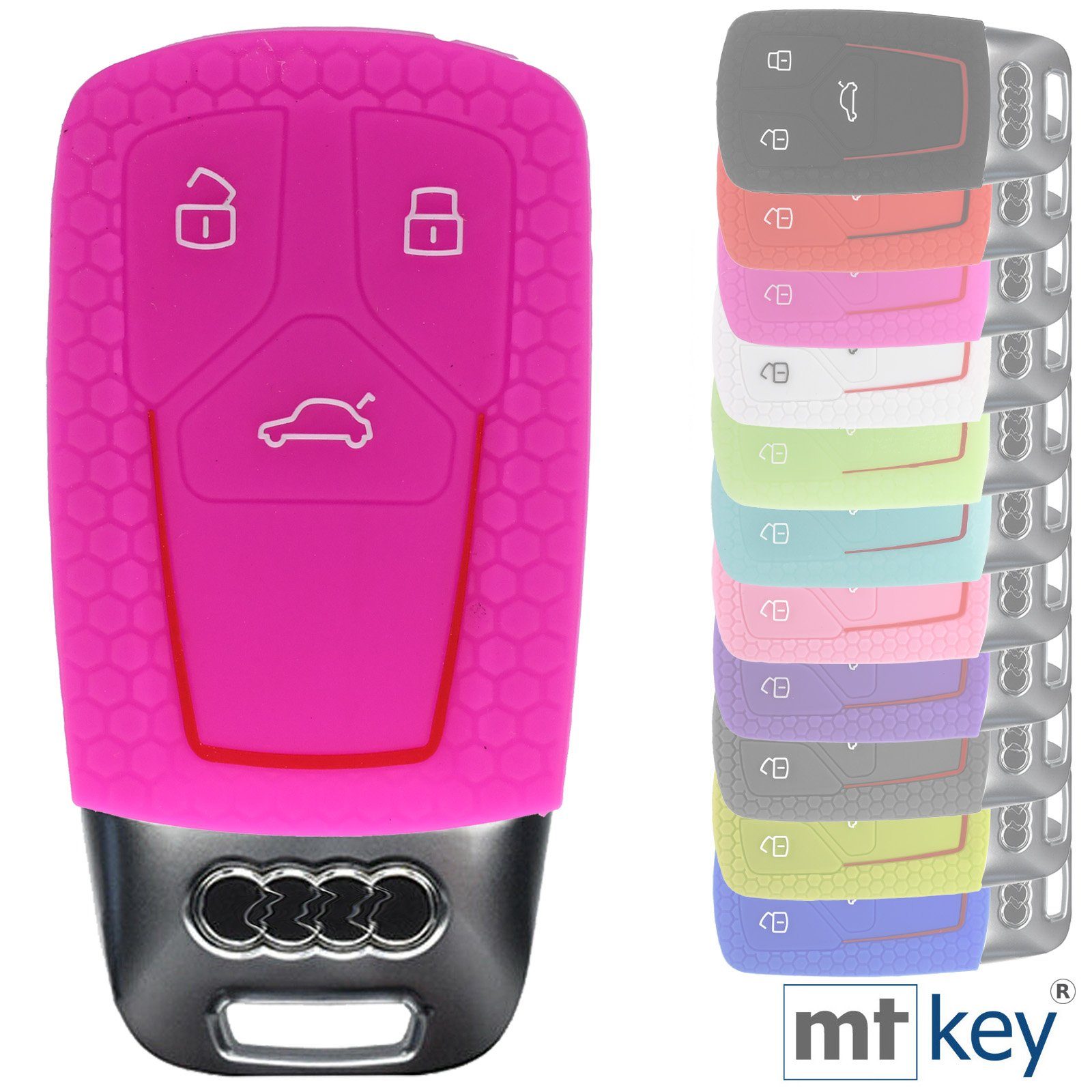 mt-key Schlüsseltasche Autoschlüssel Softcase Silikon Schutzhülle im Wabe Design Pink, für Audi A4 A5 A6 A7 TT Q2 Q5 Q7 A8 Q8 3 Tasten KEYLESS SMARTKEY