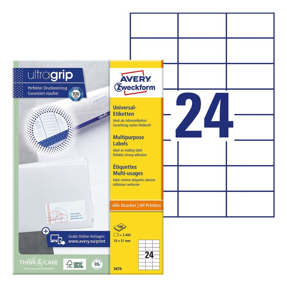 Avery Zweckform Etiketten 3474, 2400 Stück, Adresse universal (70 x 37 mm), selbstklebend