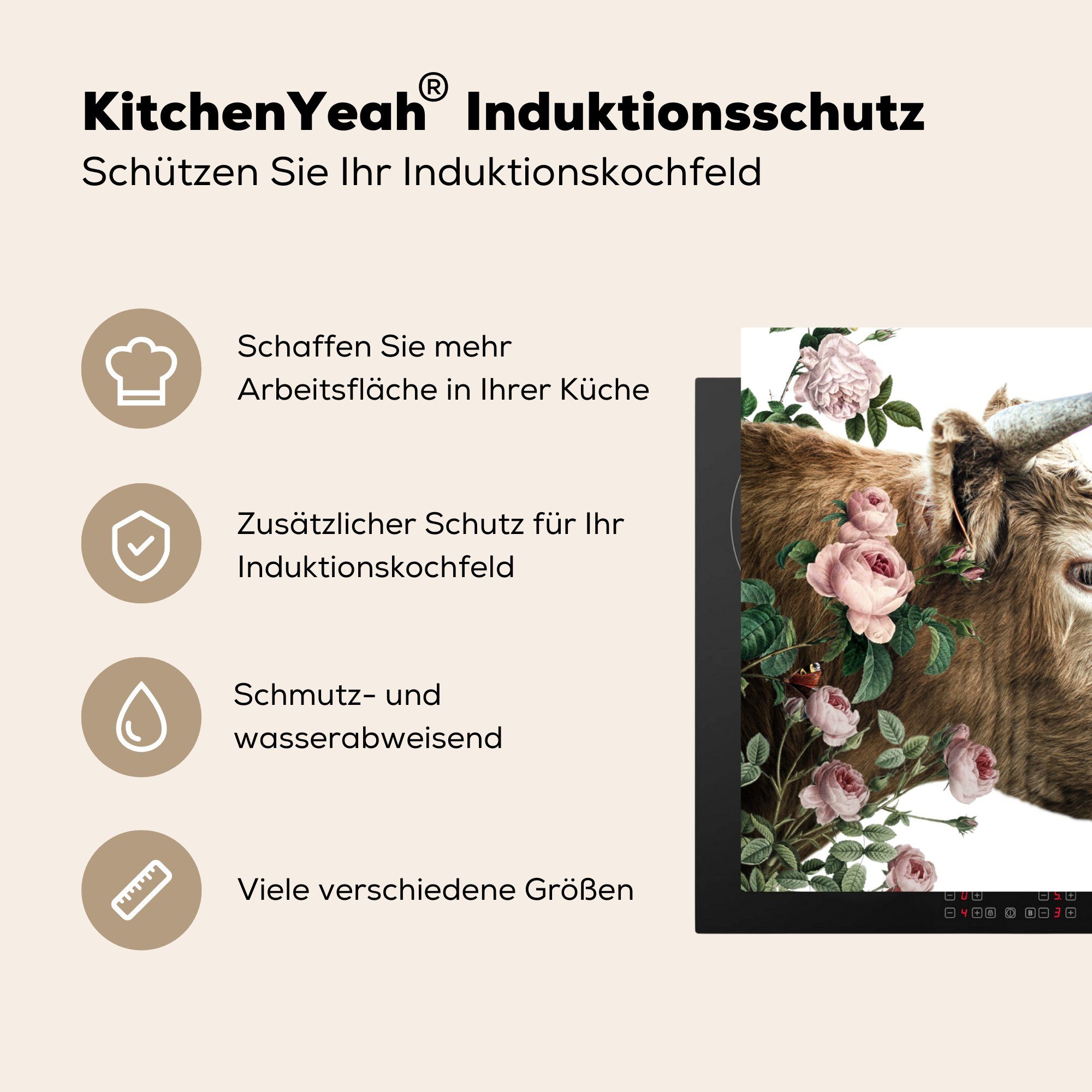 Highlander - tlg), cm, Rosa Schottischer - Herdblende-/Abdeckplatte (1 Schutz MuchoWow für 71x52 Vinyl, die Induktionskochfeld küche, Weiß, Ceranfeldabdeckung Blumen -